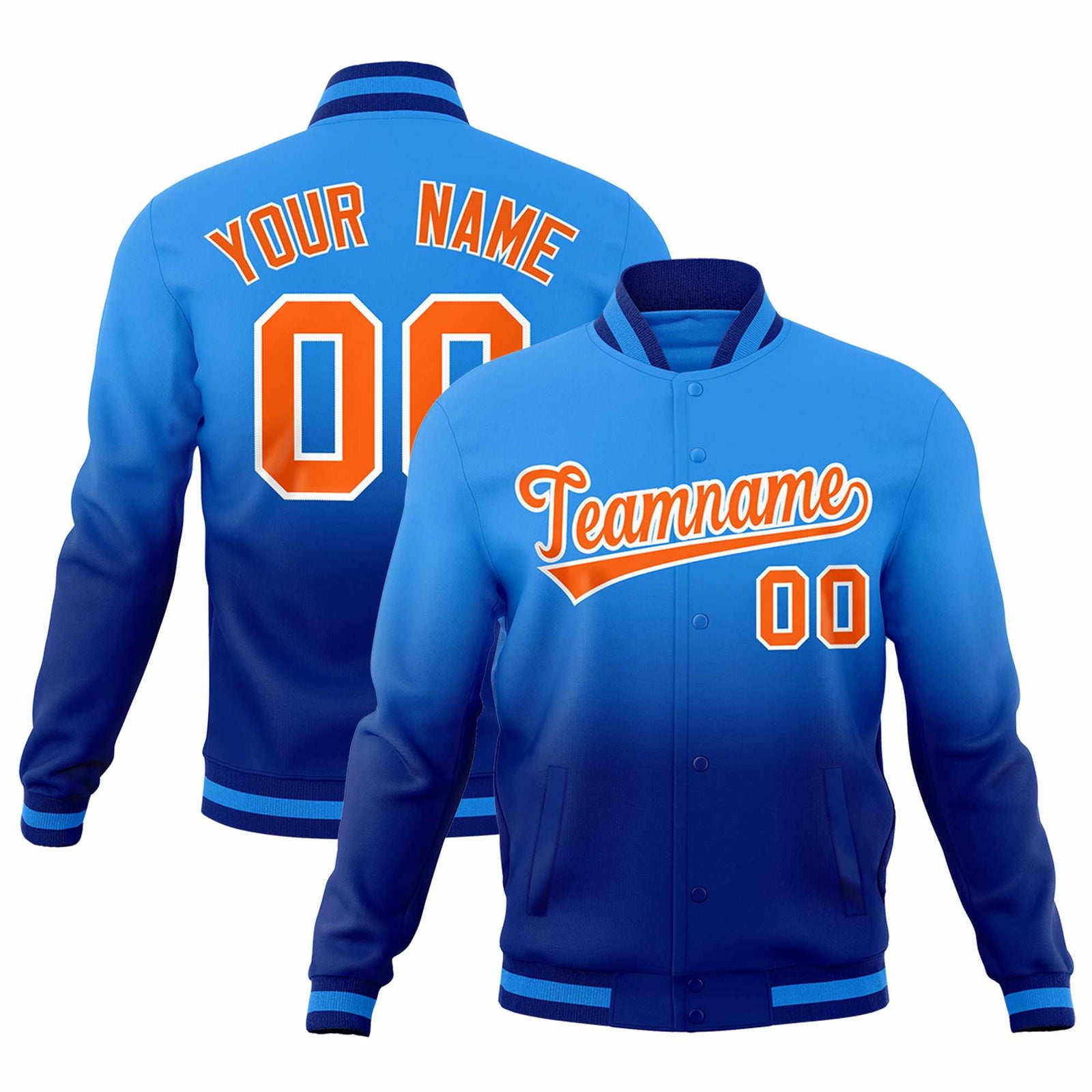 Custom Powder Blue Royal Full-Snap Varsity Personalization Gradient Fashion Letterman Jacket| KXKSHOP
