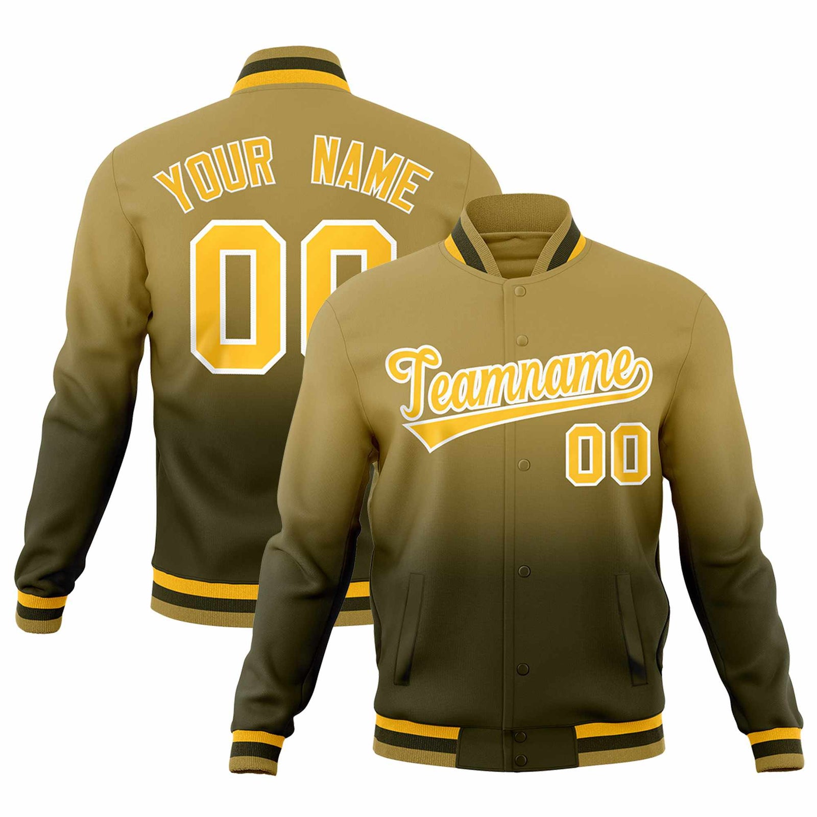 Custom Olive Desert Yellow Full-Snap Varsity Personalization Gradient Fashion Letterman Jacket| KXKSHOP