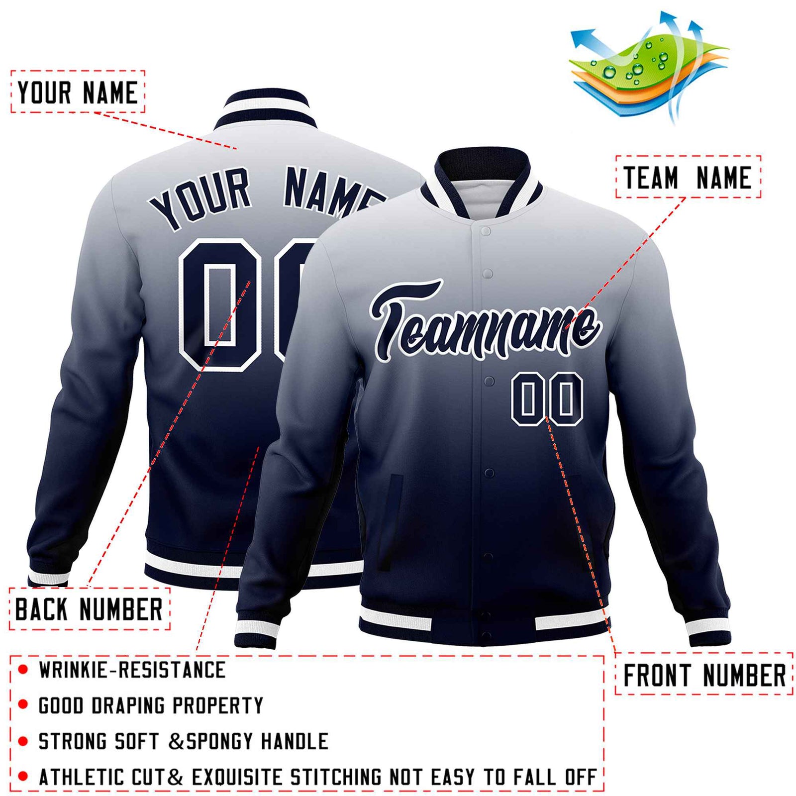 Custom Navy White Full-Snap Varsity Personalization Gradient Fashion Letterman Jacket