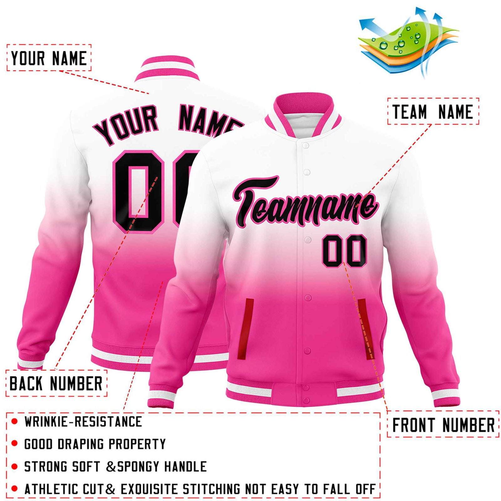 Custom White Pink Full-Snap Varsity Personalization Gradient Fashion Letterman Jacket