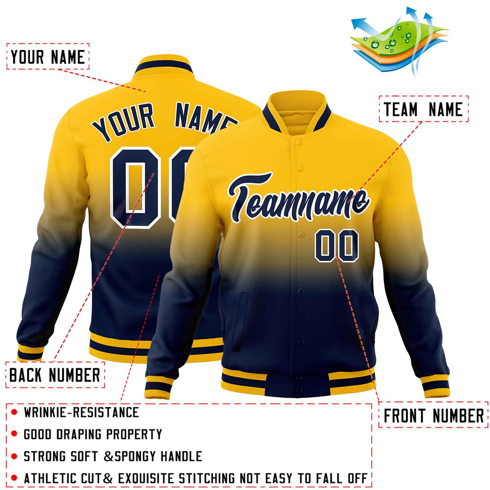 Custom Yellow Navy Full-Snap Varsity Personalization Gradient Fashion Letterman Jacket