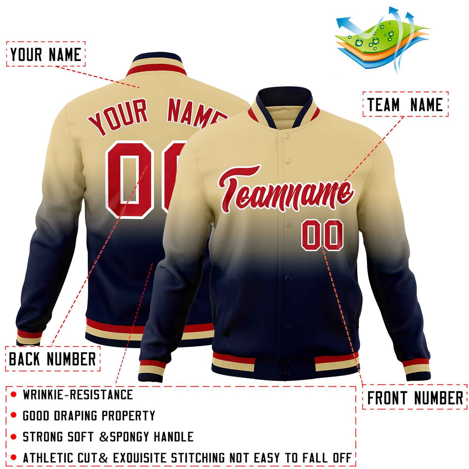 Custom Khaki Navy Full-Snap Varsity Personalization Gradient Fashion Letterman Jacket