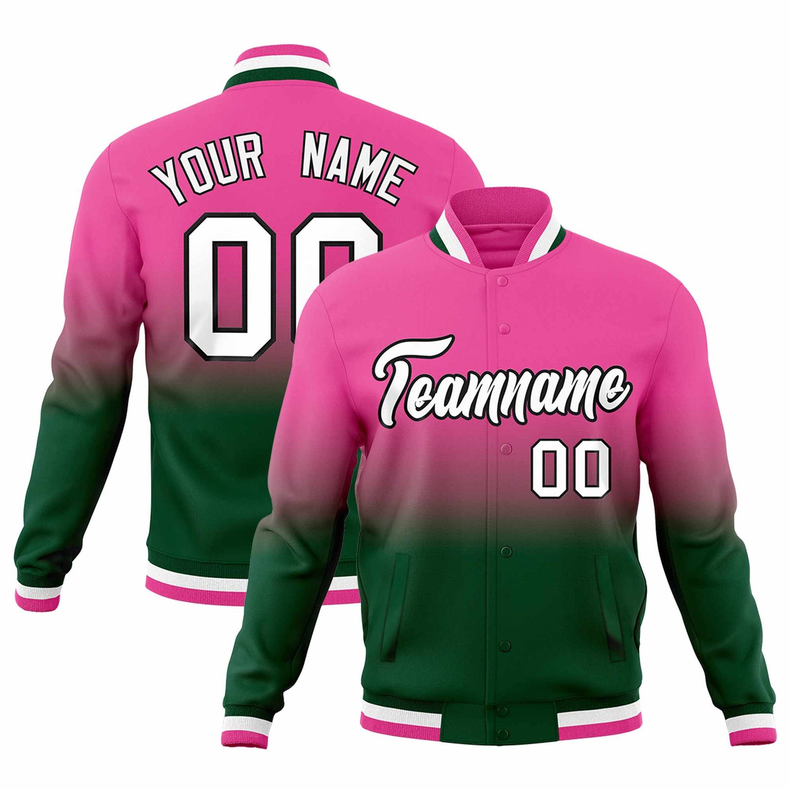 Custom Green Pink Full-Snap Varsity Personalization Gradient Fashion Letterman Jacket