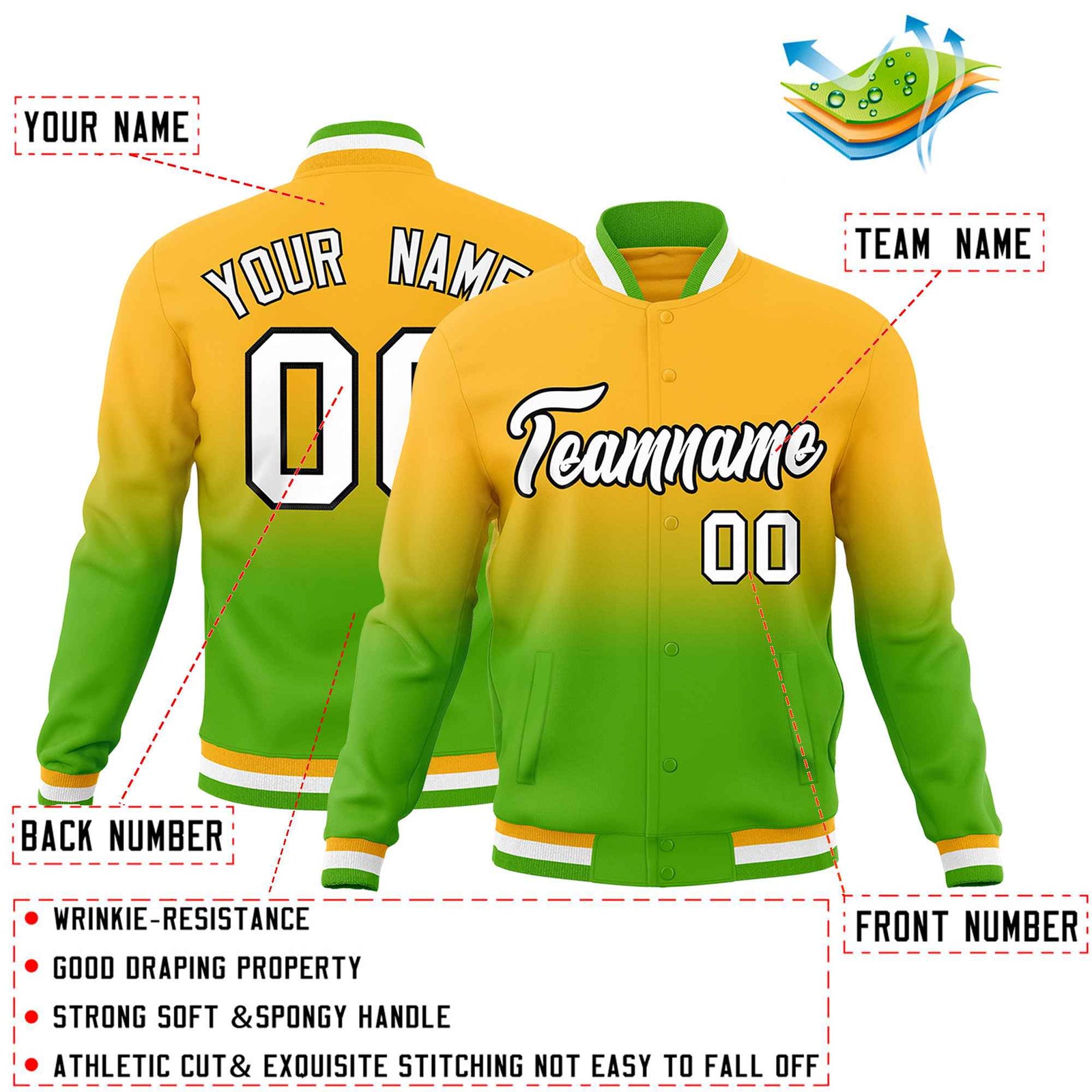 Custom Gold Green Full-Snap Varsity Personalization Gradient Fashion Letterman Jacket