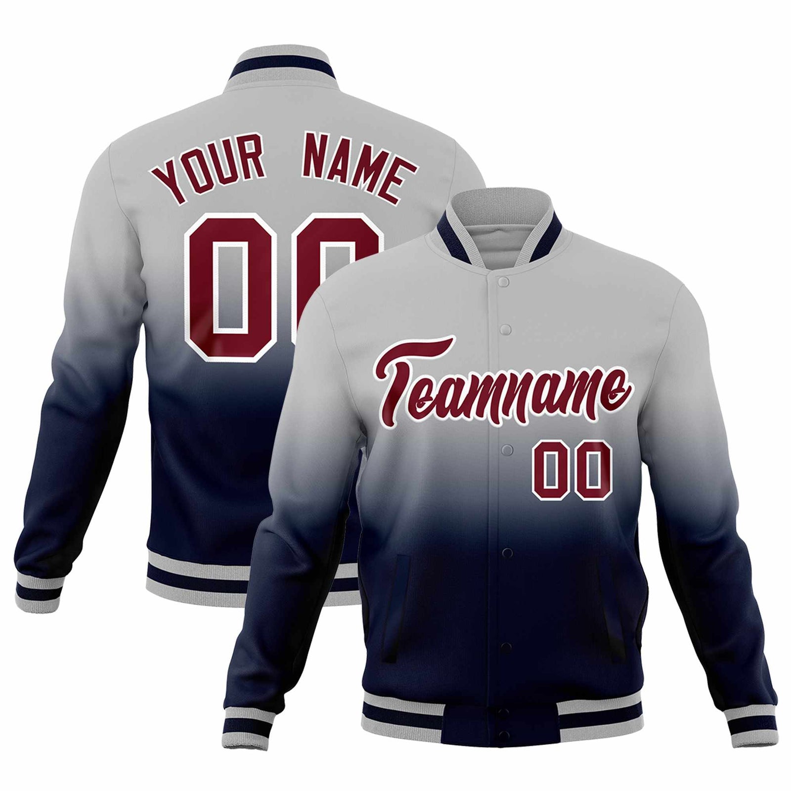 Custom Gray Navy Full-Snap Varsity Personalization Gradient Fashion Letterman Jacket