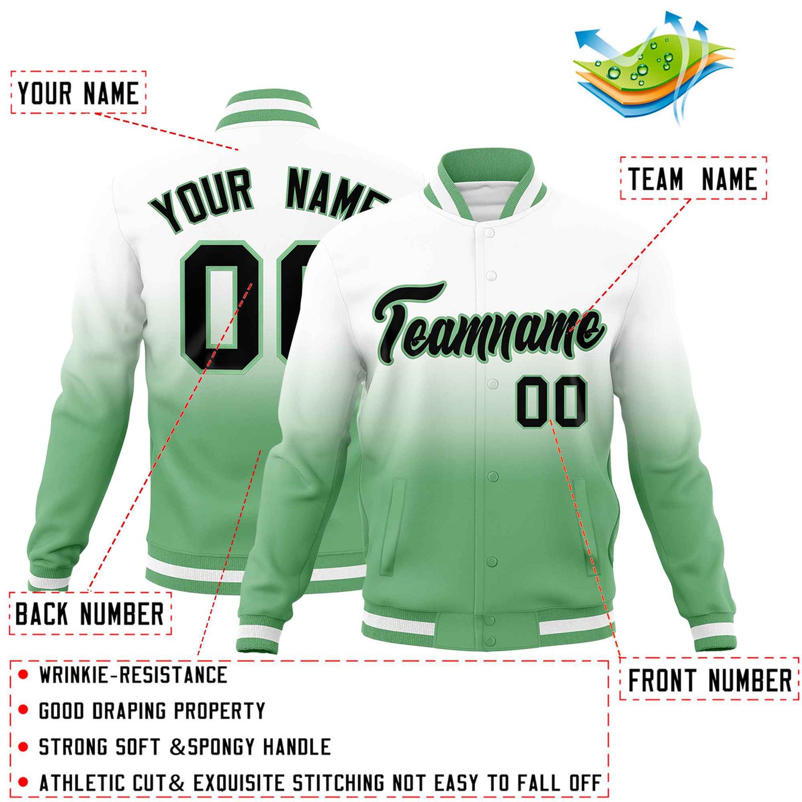 Custom White Green Full-Snap Varsity Personalization Gradient Fashion Letterman Jacket