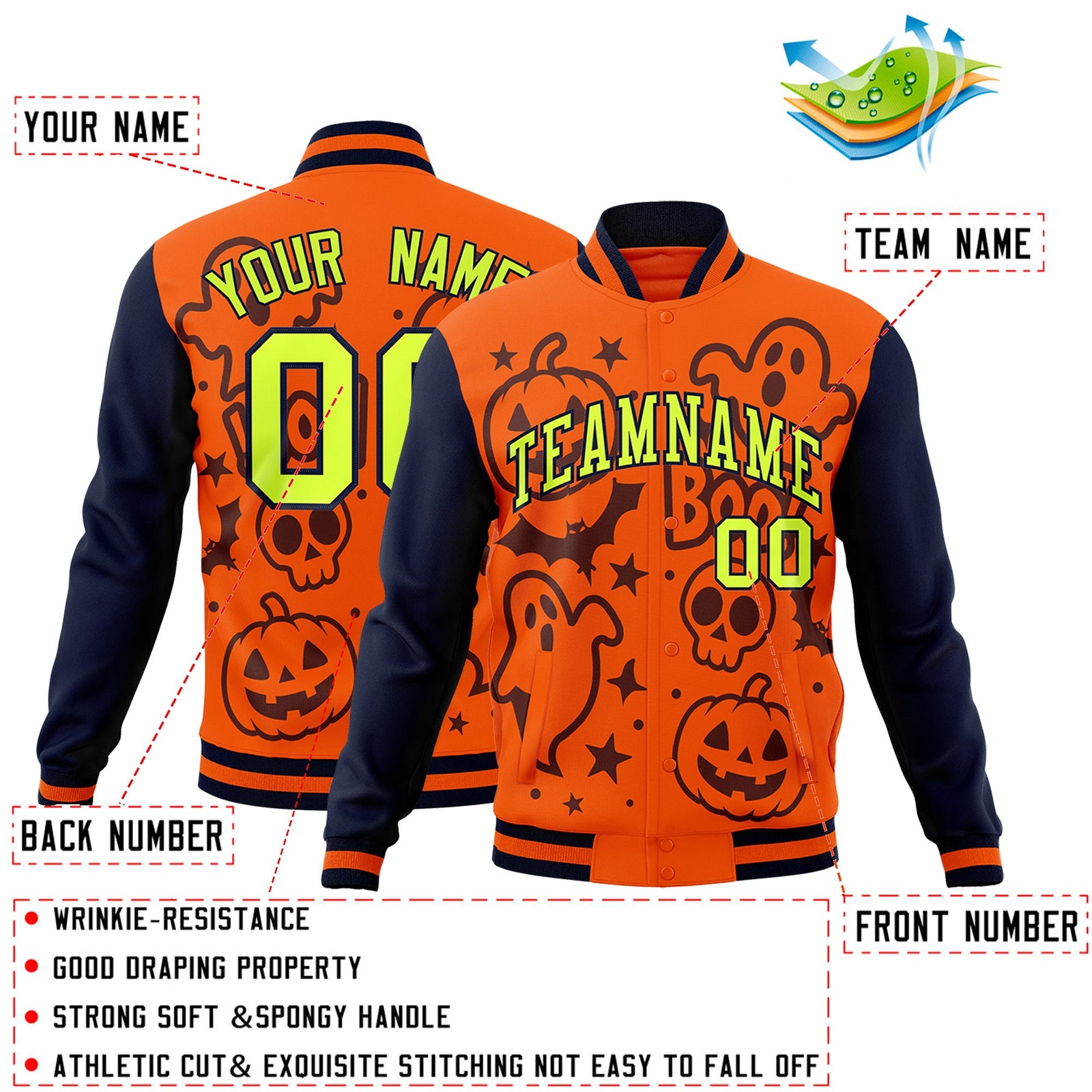Custom Navy Orange Teal Bats Pumpkins Ghost Patterns Halloween Letterman Jacket | Custom Letterman Jacket,Add Name and Numbern,Sublimation Printed & Stitched,Perfect for Parties | KXKSHOP