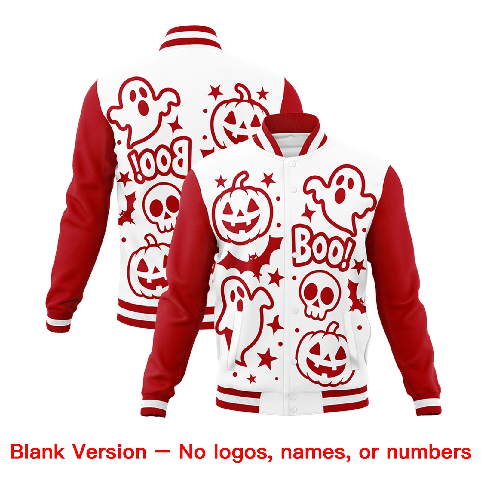 Custom White Red Gold Bats Pumpkins Ghost Patterns Halloween Letterman Jacket | Custom Letterman Jacket,Add Name and Numbern,Sublimation Printed & Stitched,Perfect for Parties | KXKSHOP