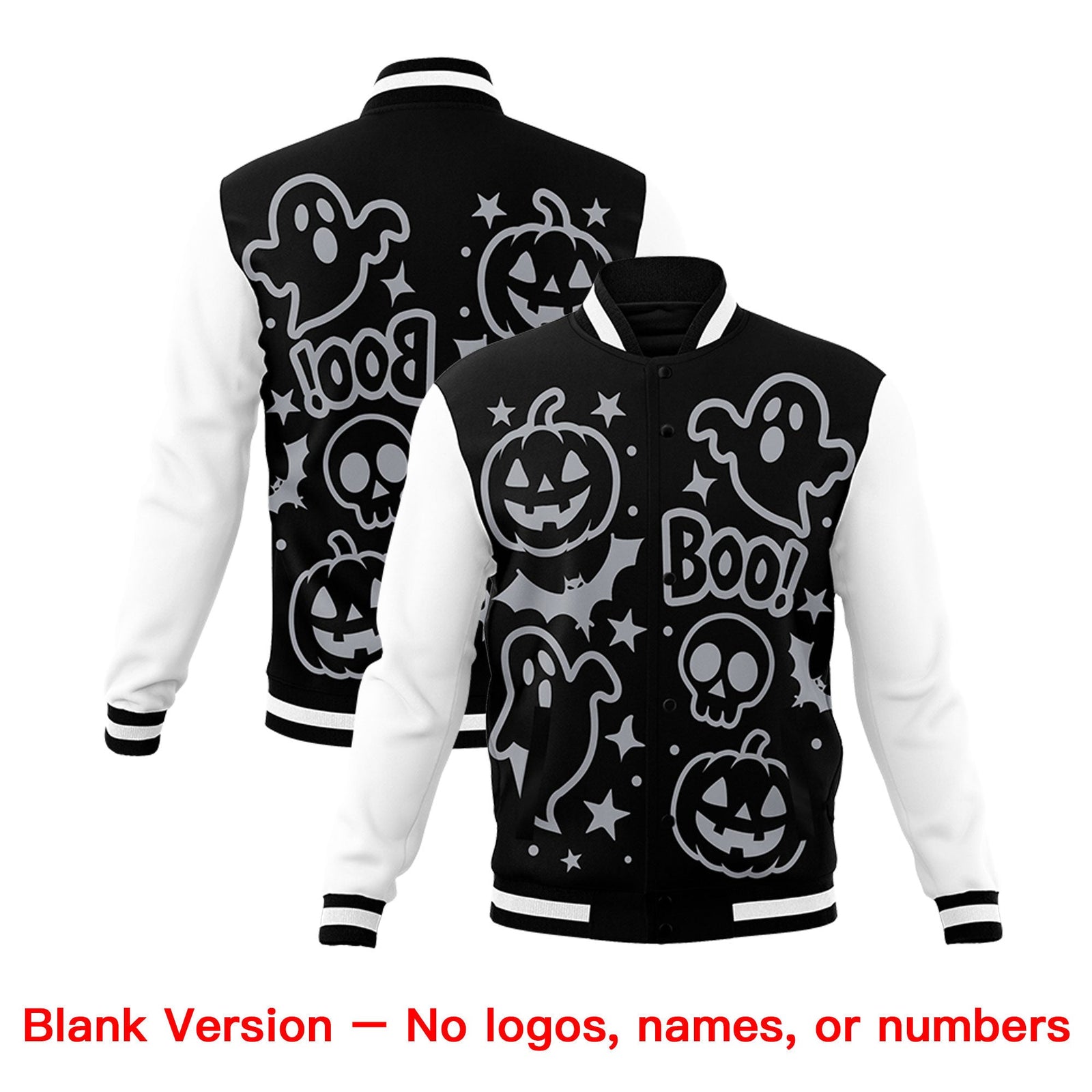 Custom Navy White Orange Bats Pumpkins Ghost Patterns Halloween Letterman Jacket | Custom Letterman Jacket,Add Name and Numbern,Sublimation Printed & Stitched,Perfect for Parties | KXKSHOP