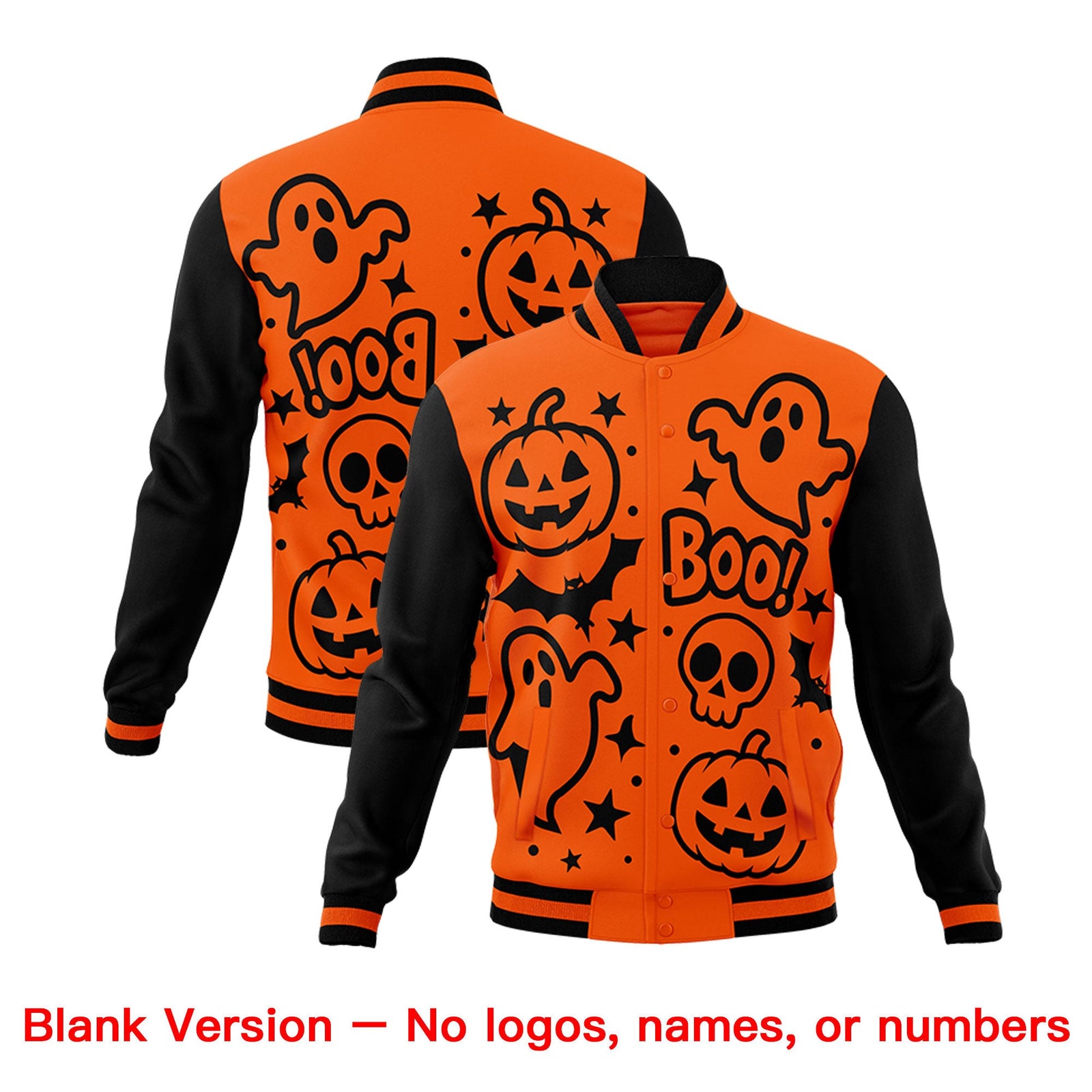 Custom Black Orange Gray Bats Pumpkins Ghost Patterns Halloween Letterman Jacket | Custom Letterman Jacket,Add Name and Numbern,Sublimation Printed & Stitched,Perfect for Parties | KXKSHOP
