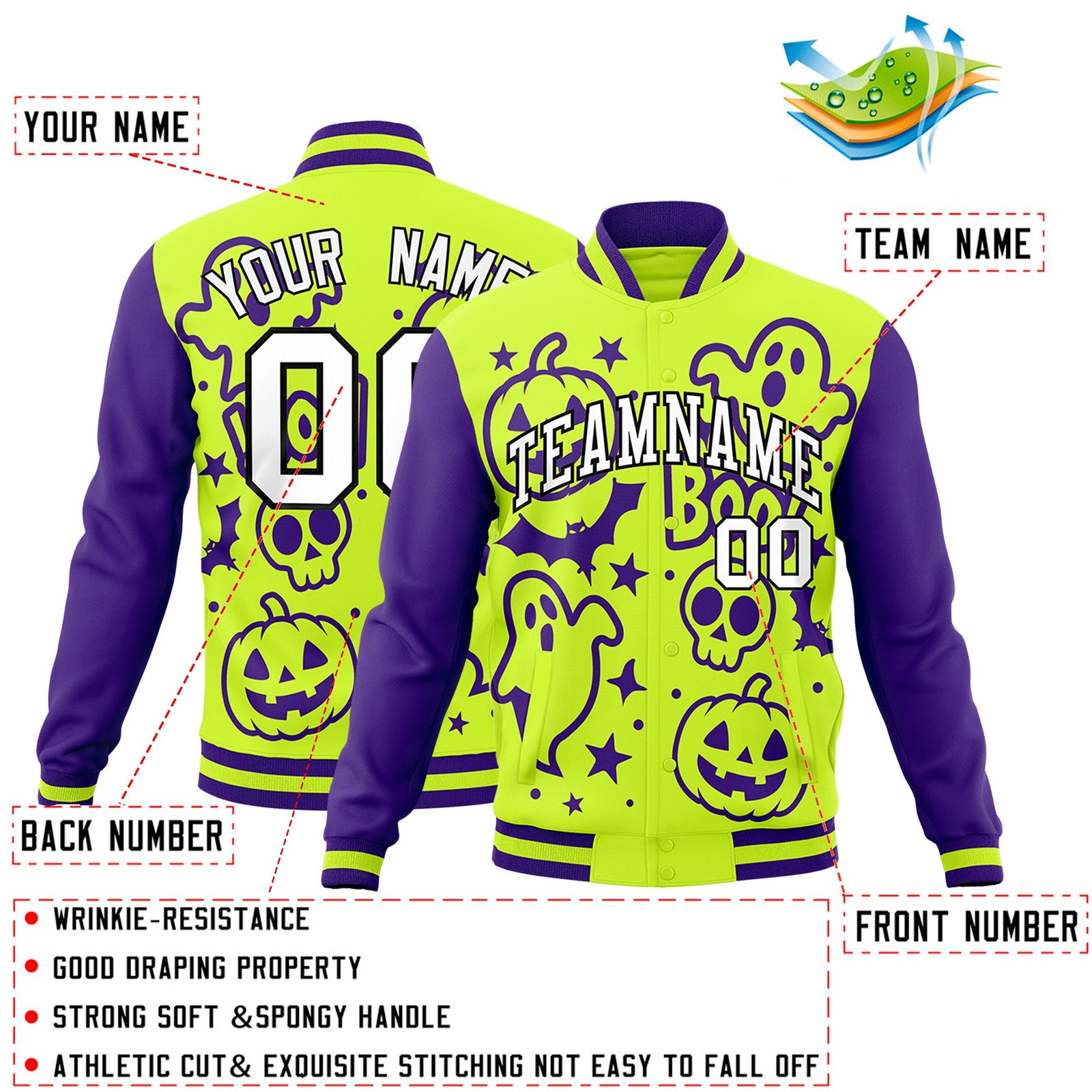 Custom Purple Neon Green White Bats Pumpkins Ghost Patterns Halloween Letterman Jacket | Custom Letterman Jacket,Add Name and Numbern,Sublimation Printed & Stitched,Perfect for Parties | KXKSHOP