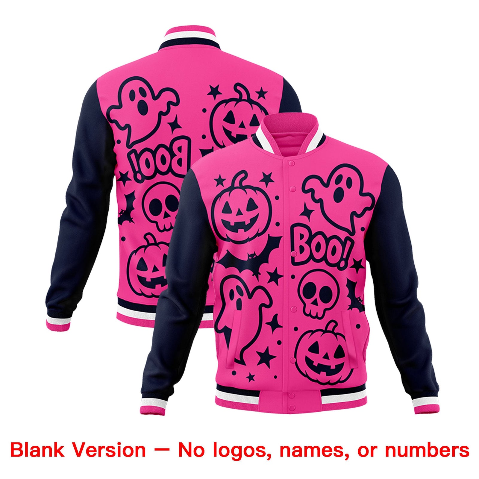 Custom Navy Pink White Bats Pumpkins Ghost Patterns Halloween Letterman Jacket | Custom Letterman Jacket,Add Name and Numbern,Sublimation Printed & Stitched,Perfect for Parties | KXKSHOP
