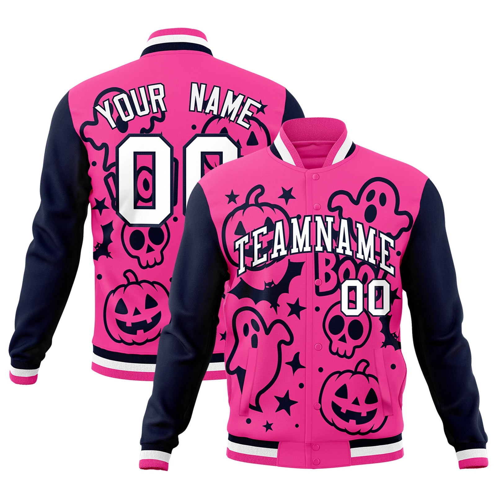 Custom Navy Pink White Bats Pumpkins Ghost Patterns Halloween Letterman Jacket | Custom Letterman Jacket,Add Name and Numbern,Sublimation Printed & Stitched,Perfect for Parties | KXKSHOP