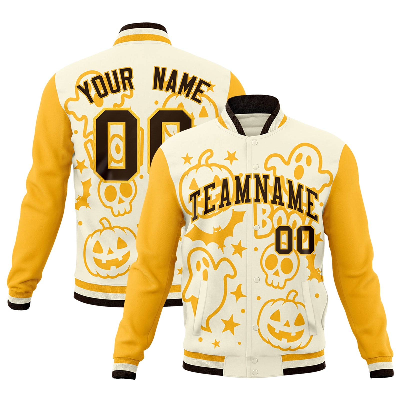 Custom Yellow Cream Gold Bats Pumpkins Ghost Patterns Halloween Letterman Jacket | Custom Letterman Jacket,Add Name and Numbern,Sublimation Printed & Stitched,Perfect for Parties | KXKSHOP