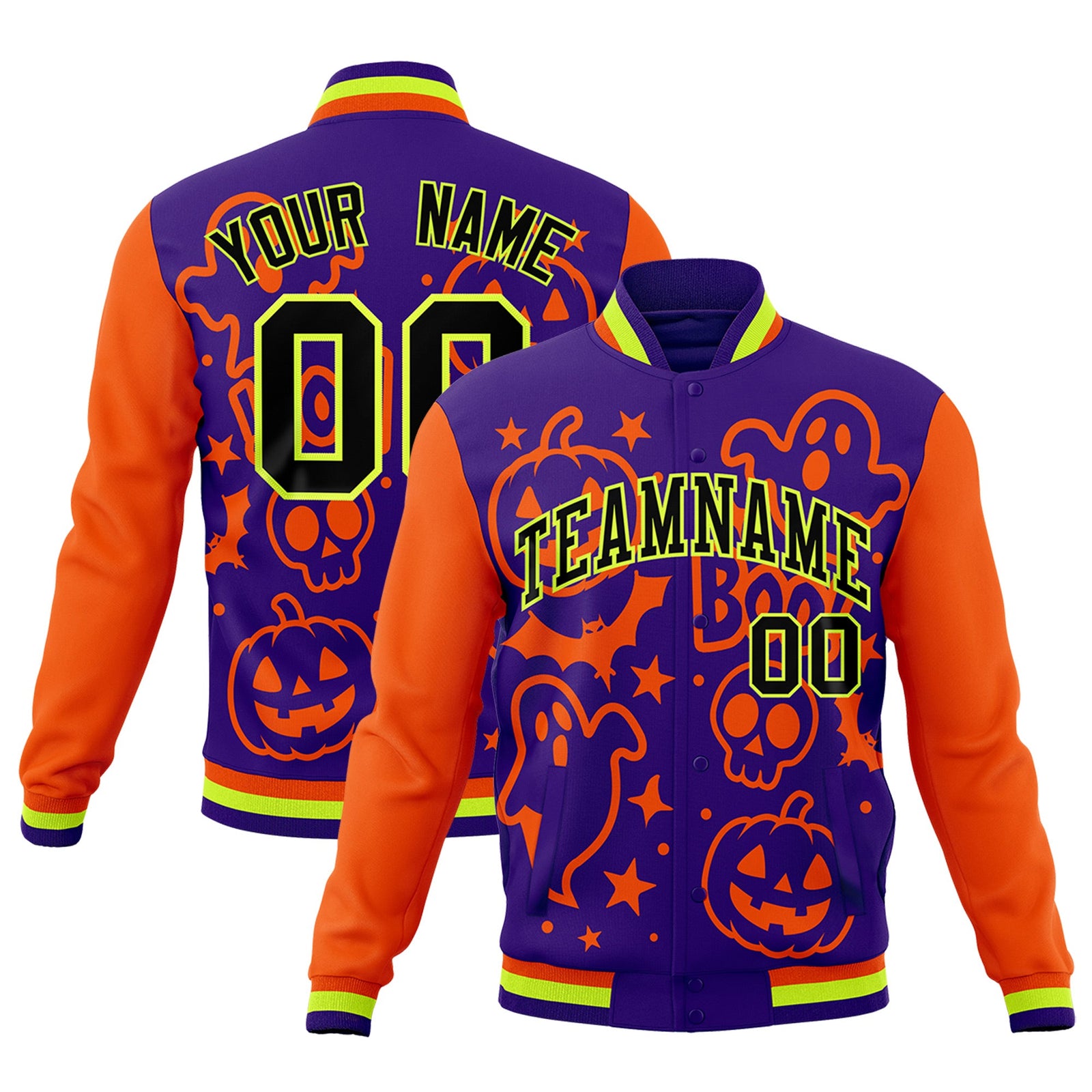 Custom Orange Purple Neon Green Bats Pumpkins Ghost Patterns Halloween Letterman Jacket | Custom Letterman Jacket,Add Name and Numbern,Sublimation Printed & Stitched,Perfect for Parties | KXKSHOP