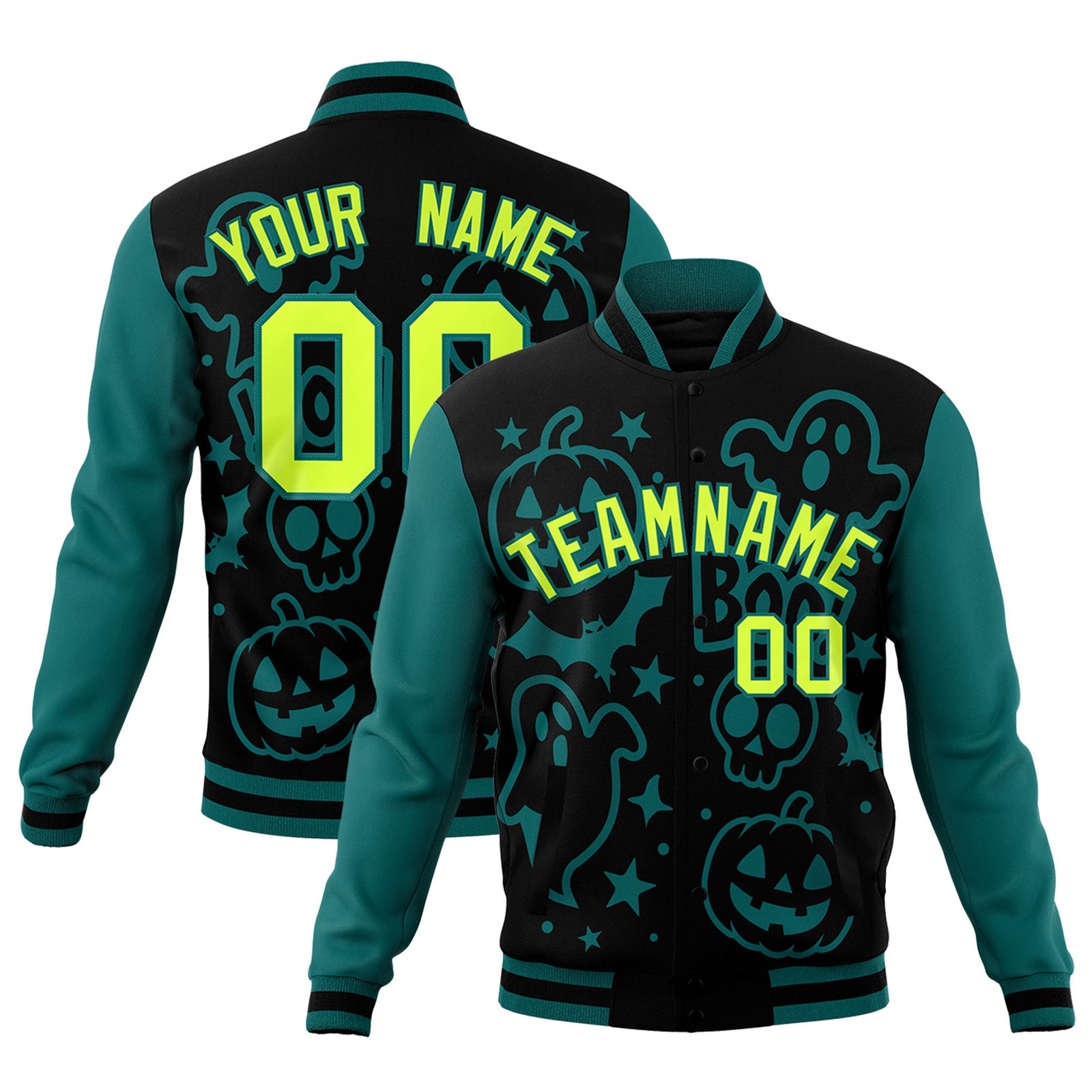 Custom Teal Black Neon Green Bats Pumpkins Ghost Patterns Halloween Letterman Jacket | Custom Letterman Jacket,Add Name and Numbern,Sublimation Printed & Stitched,Perfect for Parties | KXKSHOP
