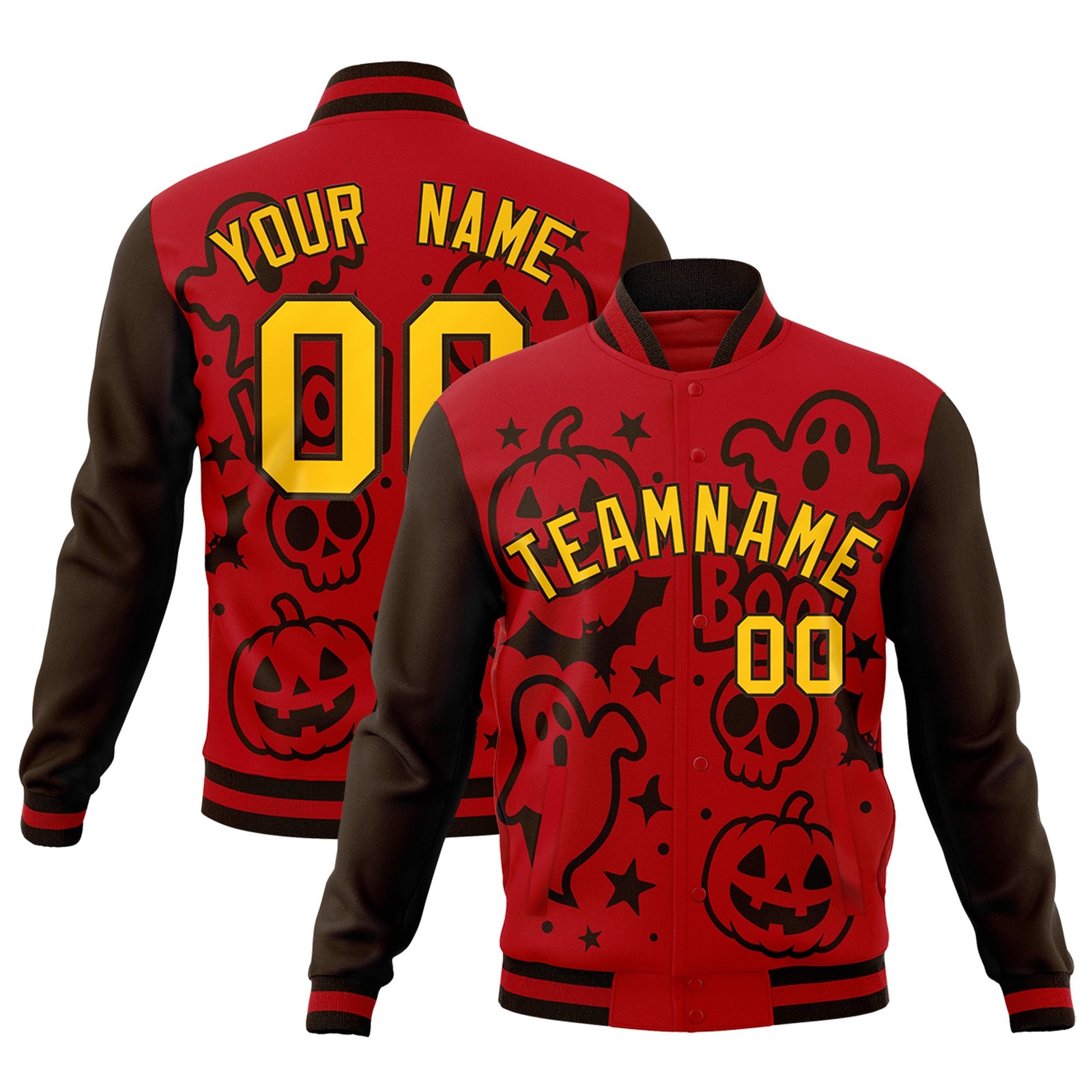 Custom Red Brown Gold Bats Pumpkins Ghost Patterns Halloween Letterman Jacket | Custom Letterman Jacket,Add Name and Numbern,Sublimation Printed & Stitched,Perfect for Parties | KXKSHOP