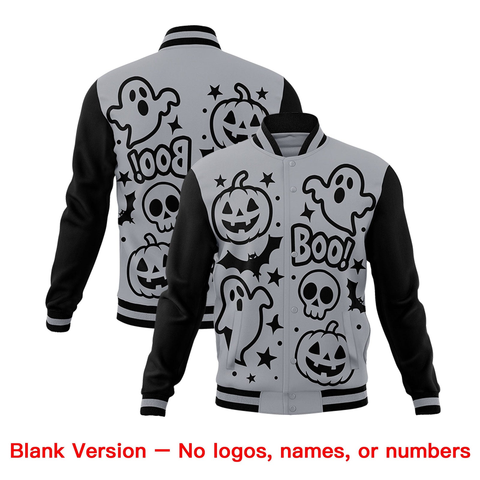 Custom Gray Black White Bats Pumpkins Ghost Patterns Halloween Letterman Jacket | Custom Letterman Jacket,Add Name and Numbern,Sublimation Printed & Stitched,Perfect for Parties | KXKSHOP