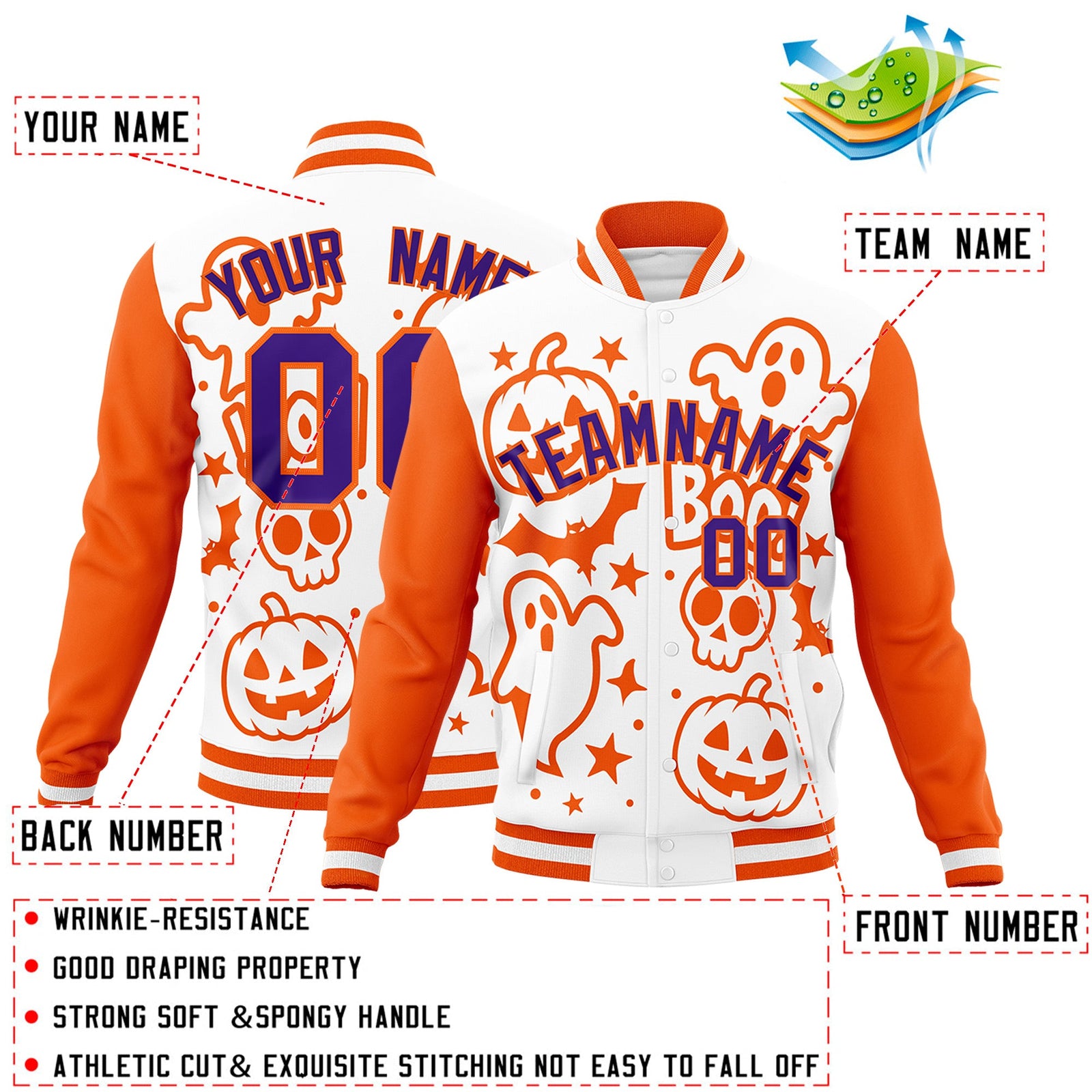 Custom White Orange Purple Bats Pumpkins Ghost Patterns Halloween Letterman Jacket | Custom Letterman Jacket,Add Name and Numbern,Sublimation Printed & Stitched,Perfect for Parties | KXKSHOP