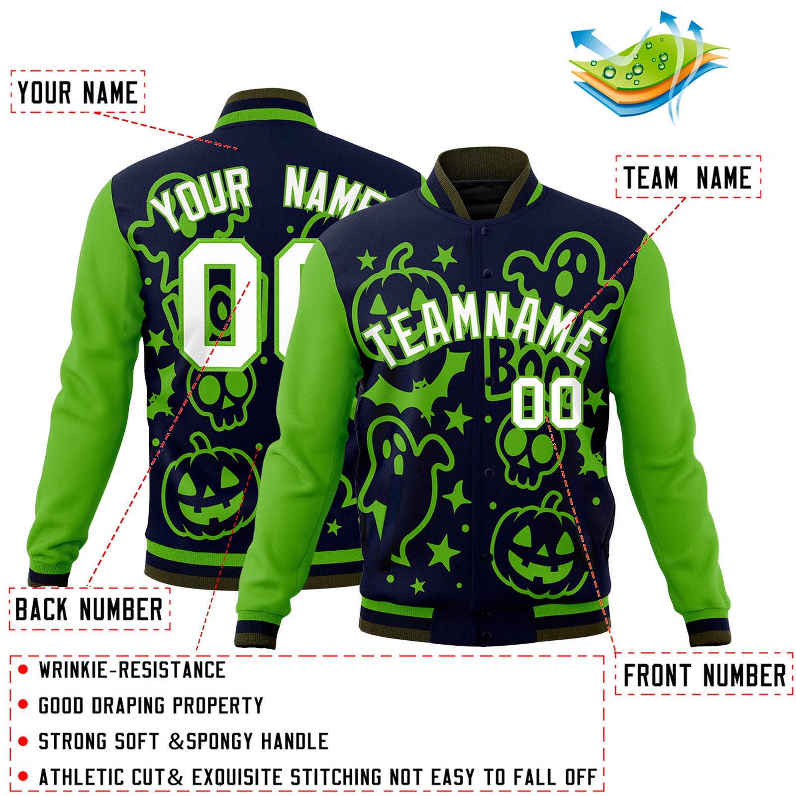Custom Green Navy Olive Bats Pumpkins Ghost Patterns Halloween Letterman Jacket | Custom Letterman Jacket,Add Name and Numbern,Sublimation Printed & Stitched,Perfect for Parties | KXKSHOP