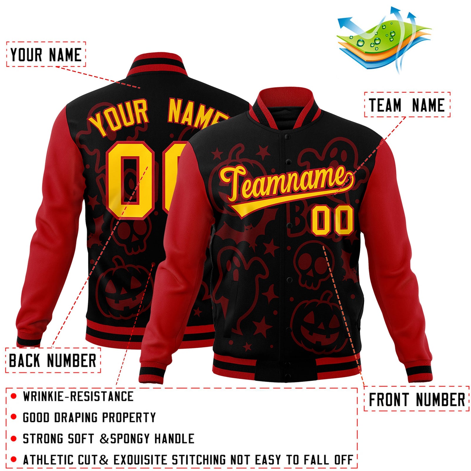 Custom Red Black Gold Bats Pumpkins Ghost Patterns Halloween Letterman Jacket | Custom Letterman Jacket,Add Name and Numbern,Sublimation Printed & Stitched,Perfect for Parties | KXKSHOP