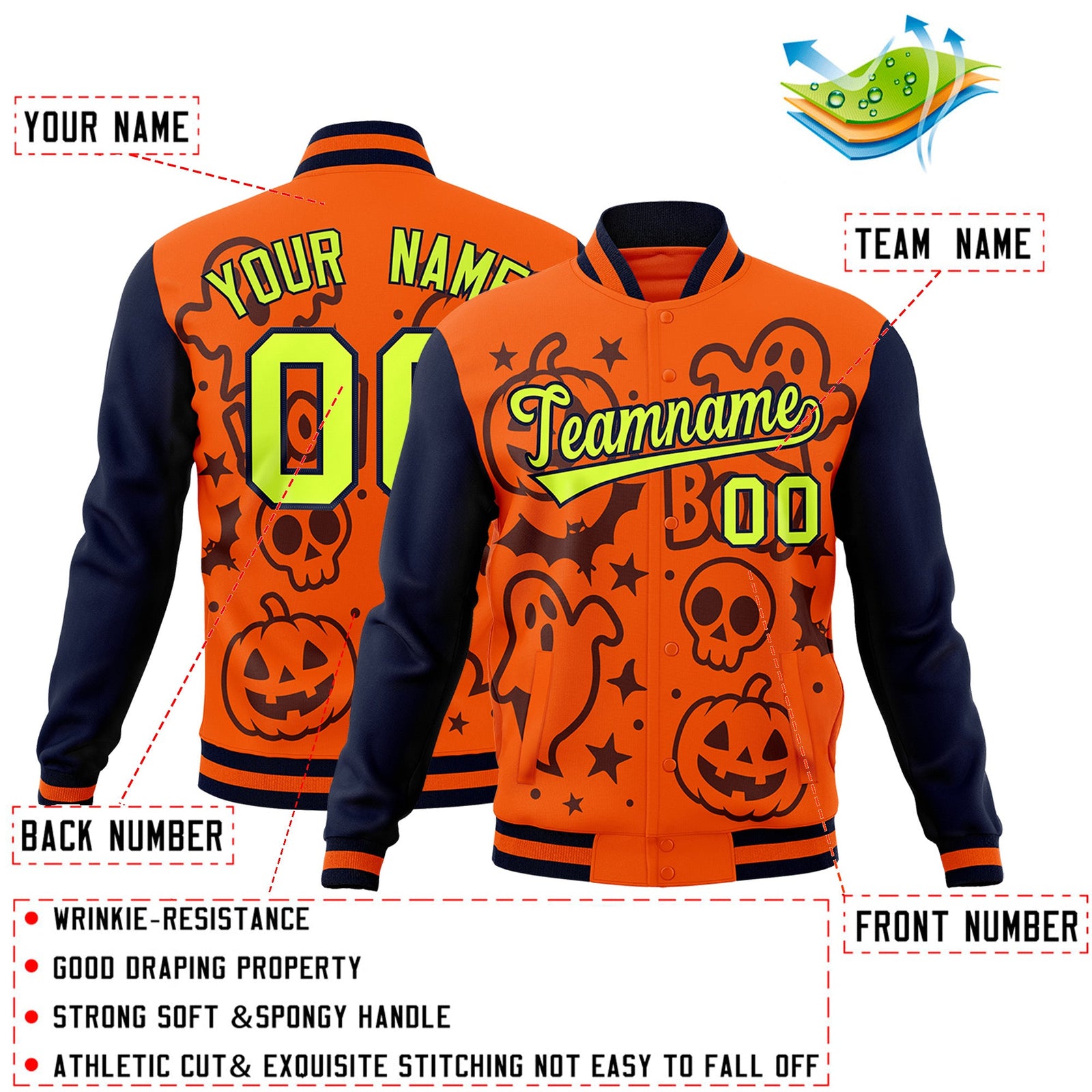 Custom Navy Orange Teal Bats Pumpkins Ghost Patterns Halloween Letterman Jacket | Custom Letterman Jacket,Add Name and Numbern,Sublimation Printed & Stitched,Perfect for Parties | KXKSHOP