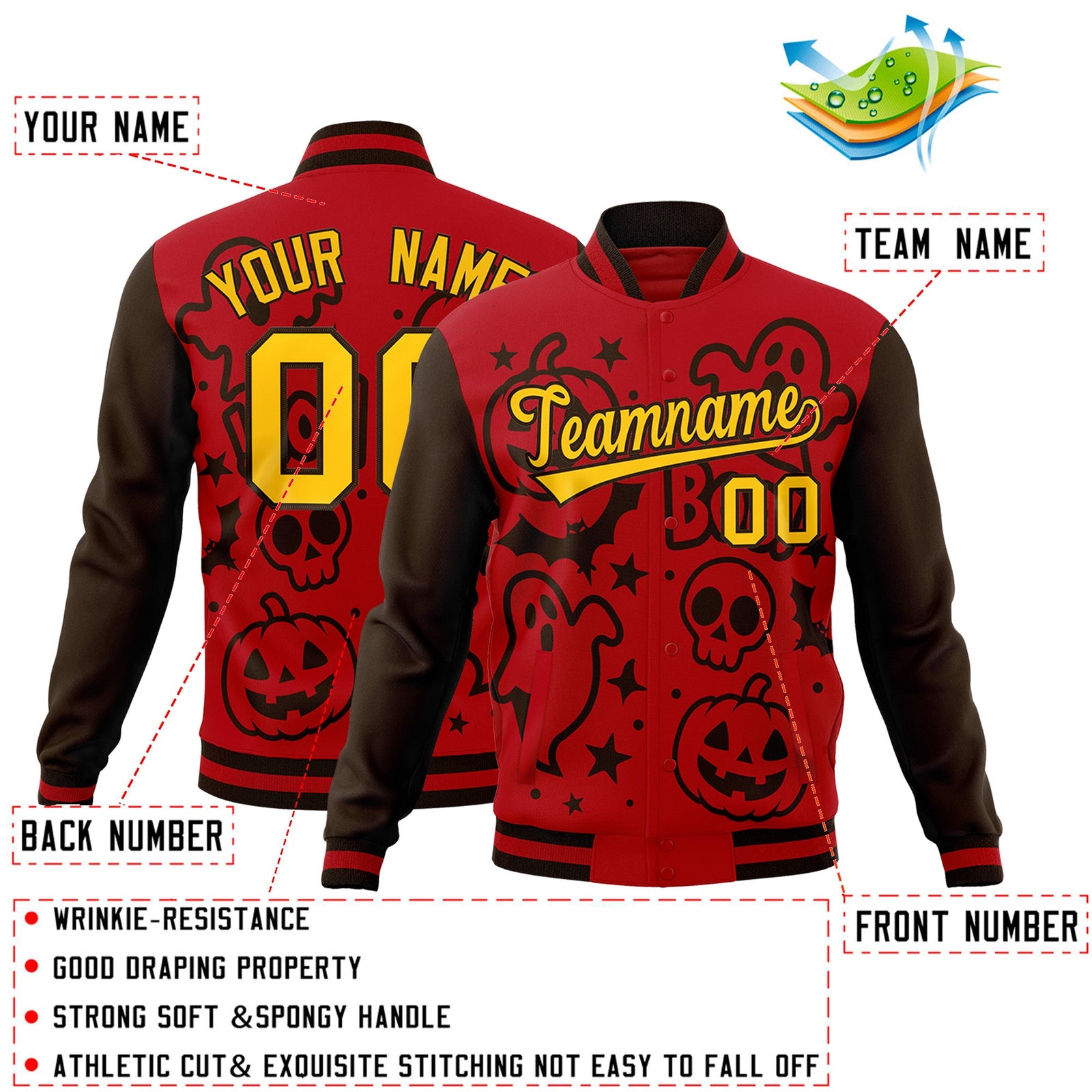 Custom Red Brown Gold Bats Pumpkins Ghost Patterns Halloween Letterman Jacket | Custom Letterman Jacket,Add Name and Numbern,Sublimation Printed & Stitched,Perfect for Parties | KXKSHOP