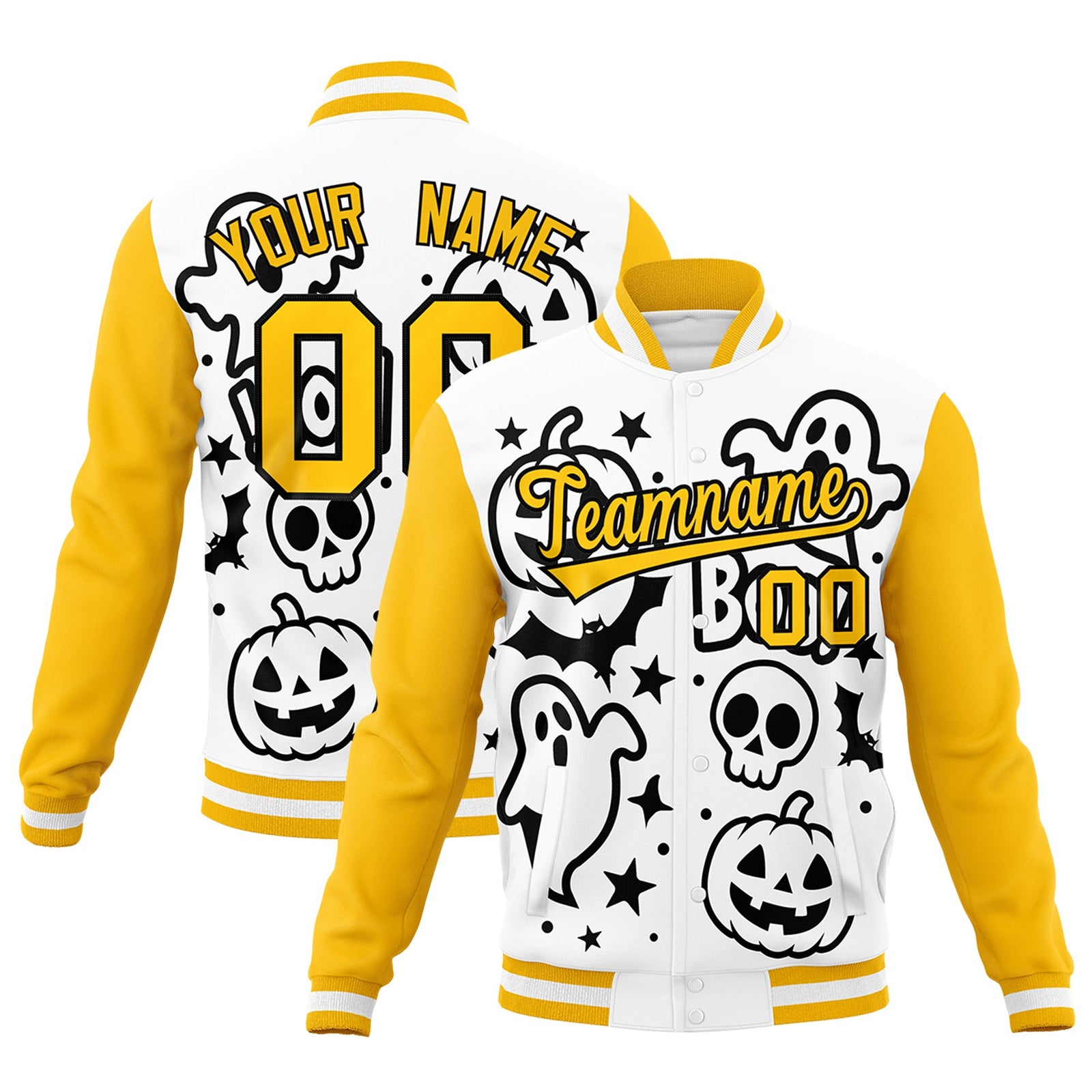 Custom White Black Gold Bats Pumpkins Ghost Patterns Halloween Letterman Jacket | Custom Letterman Jacket,Add Name and Numbern,Sublimation Printed & Stitched,Perfect for Parties | KXKSHOP