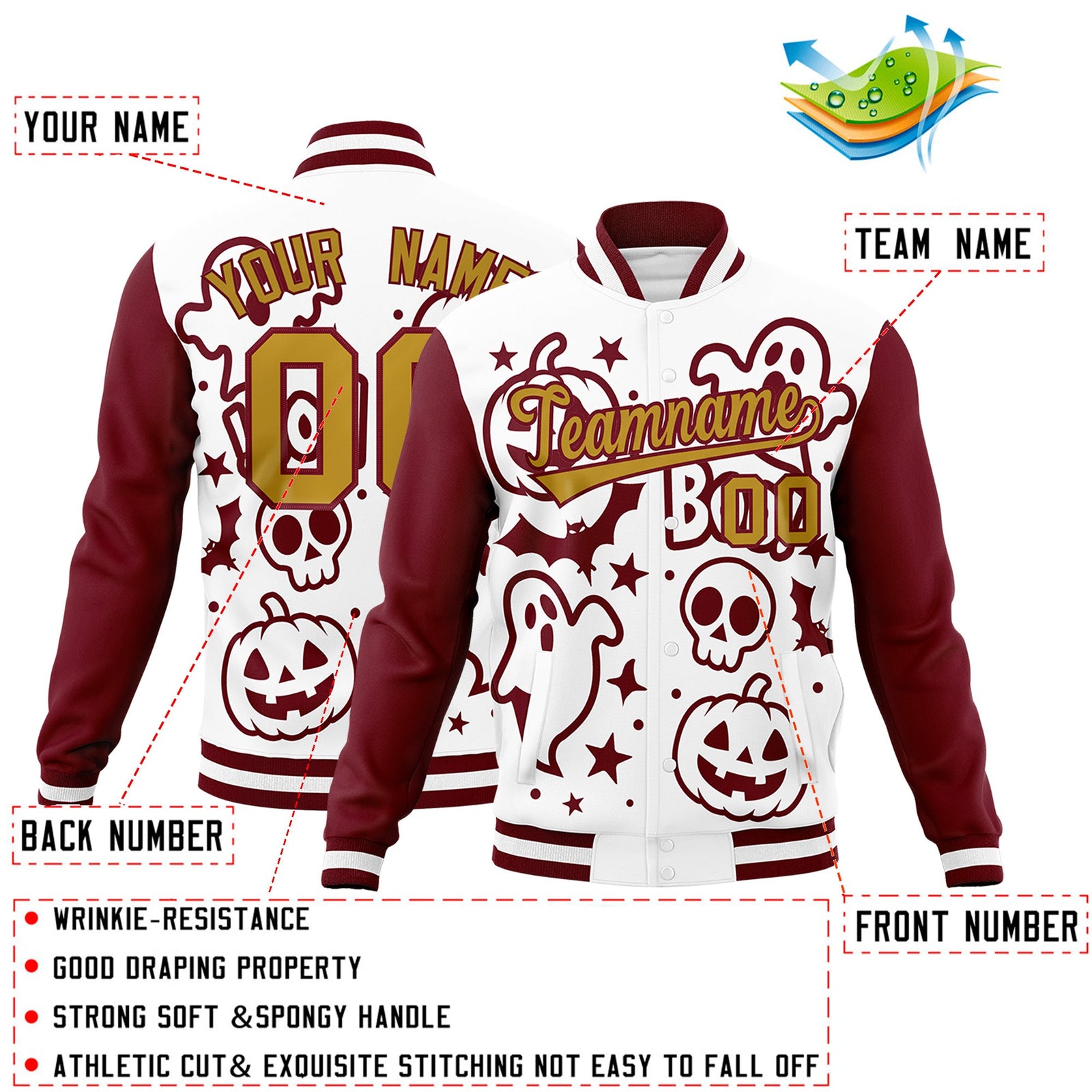 Custom White Crimson Old Gold Bats Pumpkins Ghost Patterns Halloween Letterman Jacket | Custom Letterman Jacket,Add Name and Numbern,Sublimation Printed & Stitched,Perfect for Parties | KXKSHOP