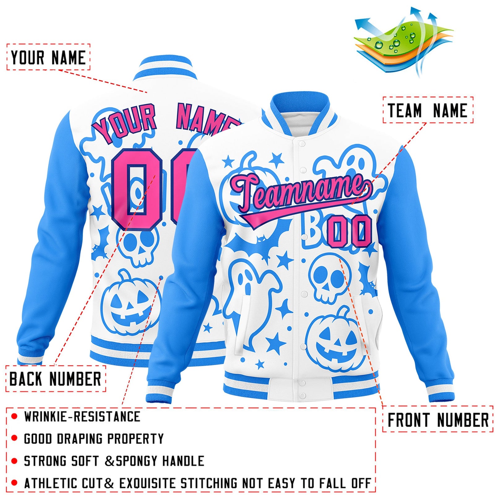 Custom White Powder Blue Pink Bats Pumpkins Ghost Patterns Halloween Letterman Jacket | Custom Letterman Jacket,Add Name and Numbern,Sublimation Printed & Stitched,Perfect for Parties | KXKSHOP