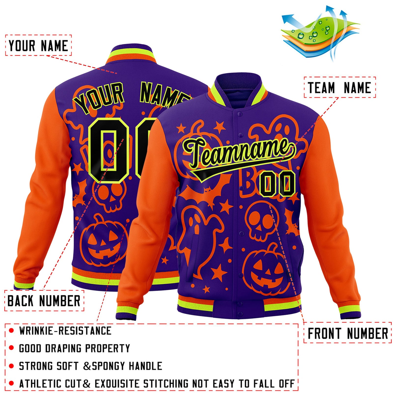 Custom Orange Purple Neon Green Bats Pumpkins Ghost Patterns Halloween Letterman Jacket | Custom Letterman Jacket,Add Name and Numbern,Sublimation Printed & Stitched,Perfect for Parties | KXKSHOP