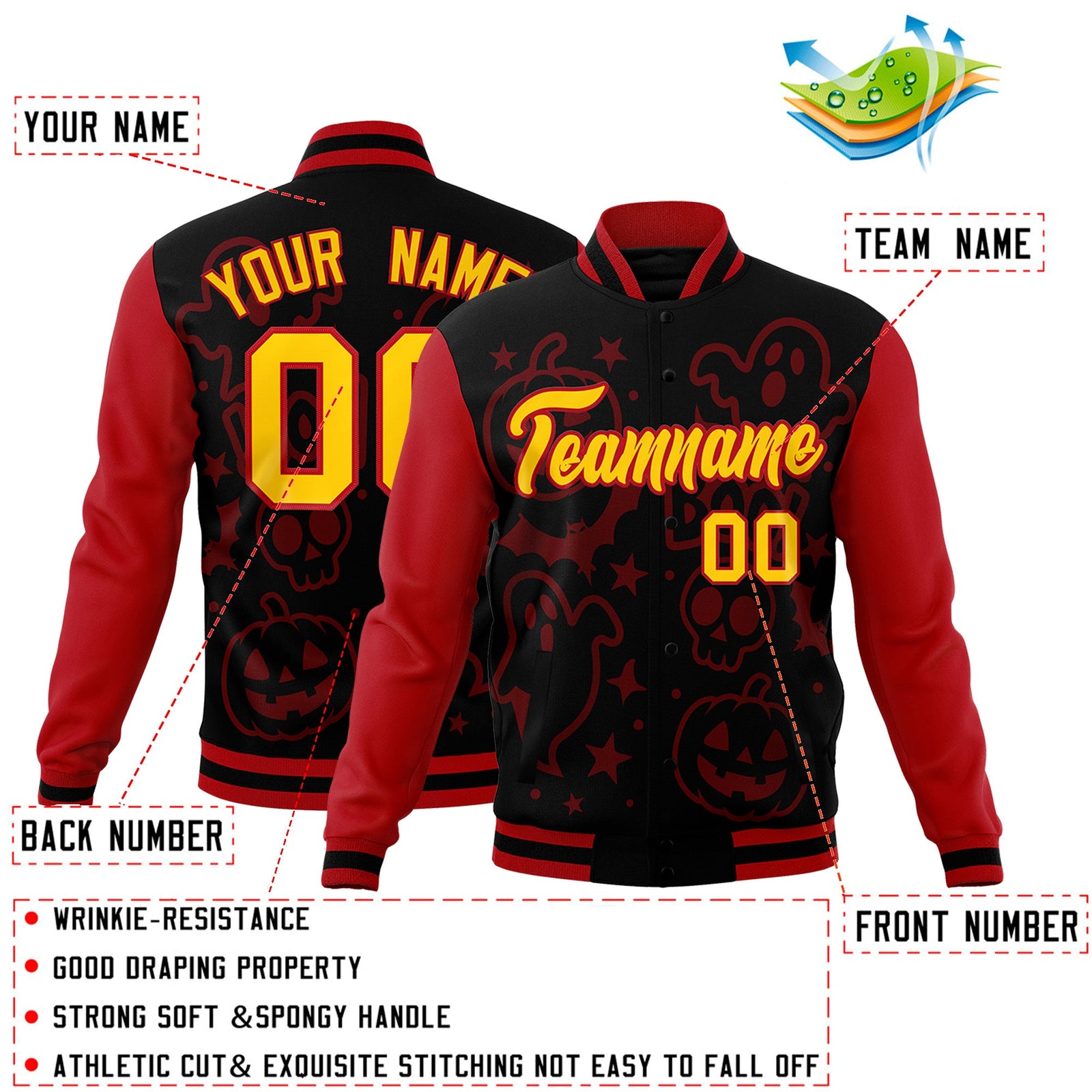 Custom Red Black Gold Bats Pumpkins Ghost Patterns Halloween Letterman Jacket | Custom Letterman Jacket,Add Name and Numbern,Sublimation Printed & Stitched,Perfect for Parties | KXKSHOP