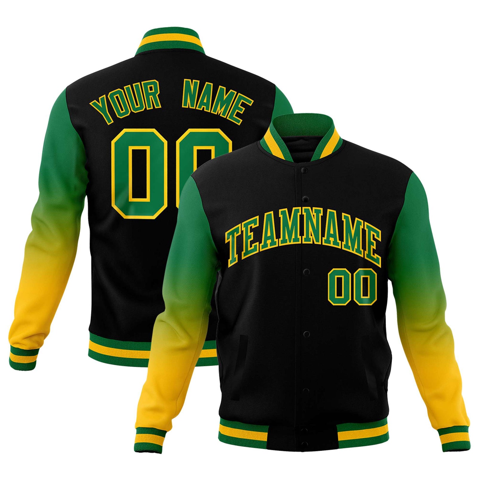 Custom Black Kelly Green Gold Full-Snap Varsity Raglan Sleeves Gradient Letterman Jacket