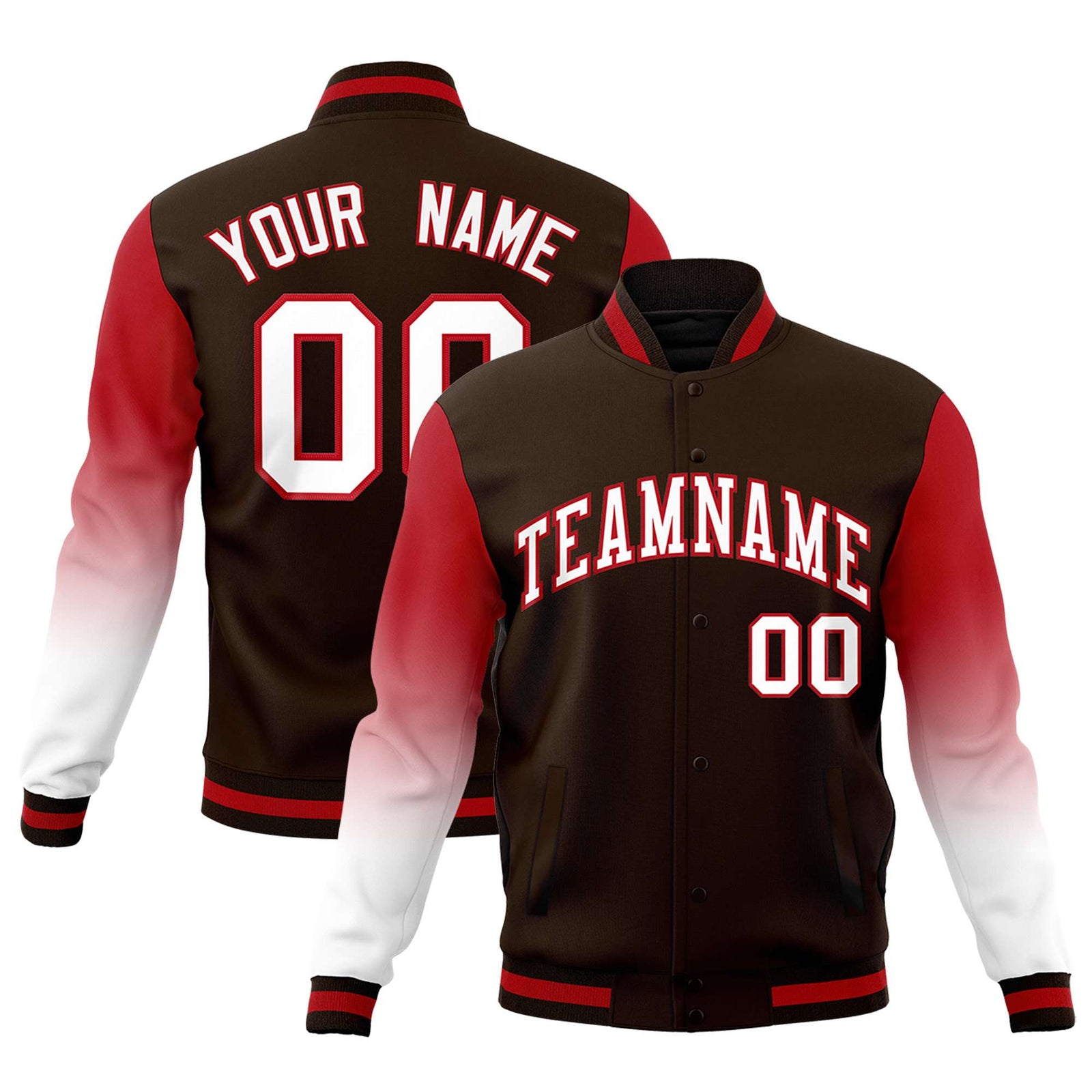 Custom Brown White Red Full-Snap Varsity Raglan Sleeves Gradient Letterman Jacket