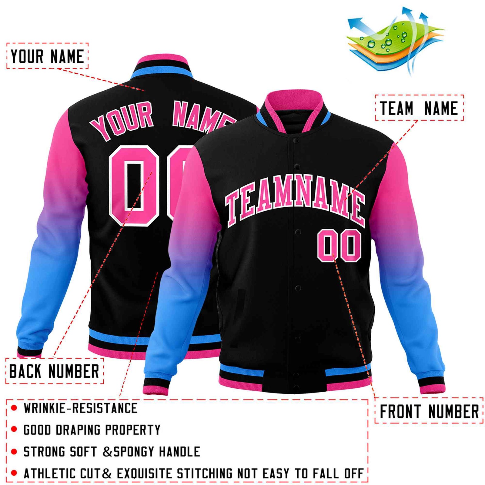 Custom Black Pink White Full-Snap Varsity Raglan Sleeves Gradient Letterman Jacket