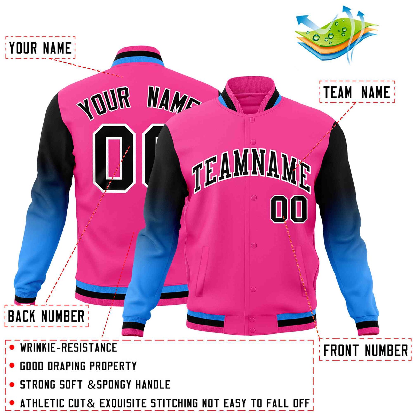 Custom Pink Black White Full-Snap Varsity Raglan Sleeves Gradient Letterman Jacket