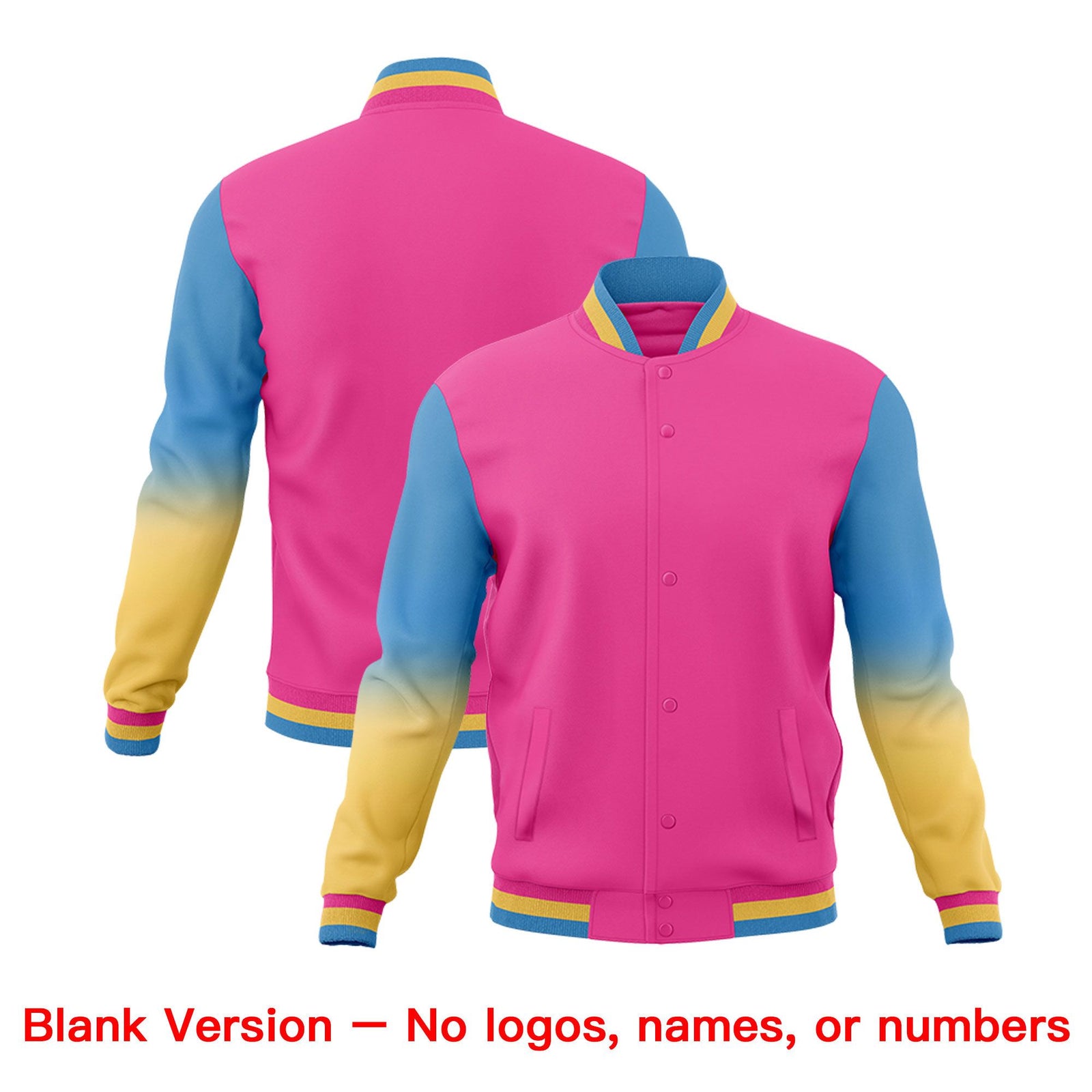 Custom Pink Light blue Khaki Full-Snap Varsity Raglan Sleeves Gradient Letterman Jacket