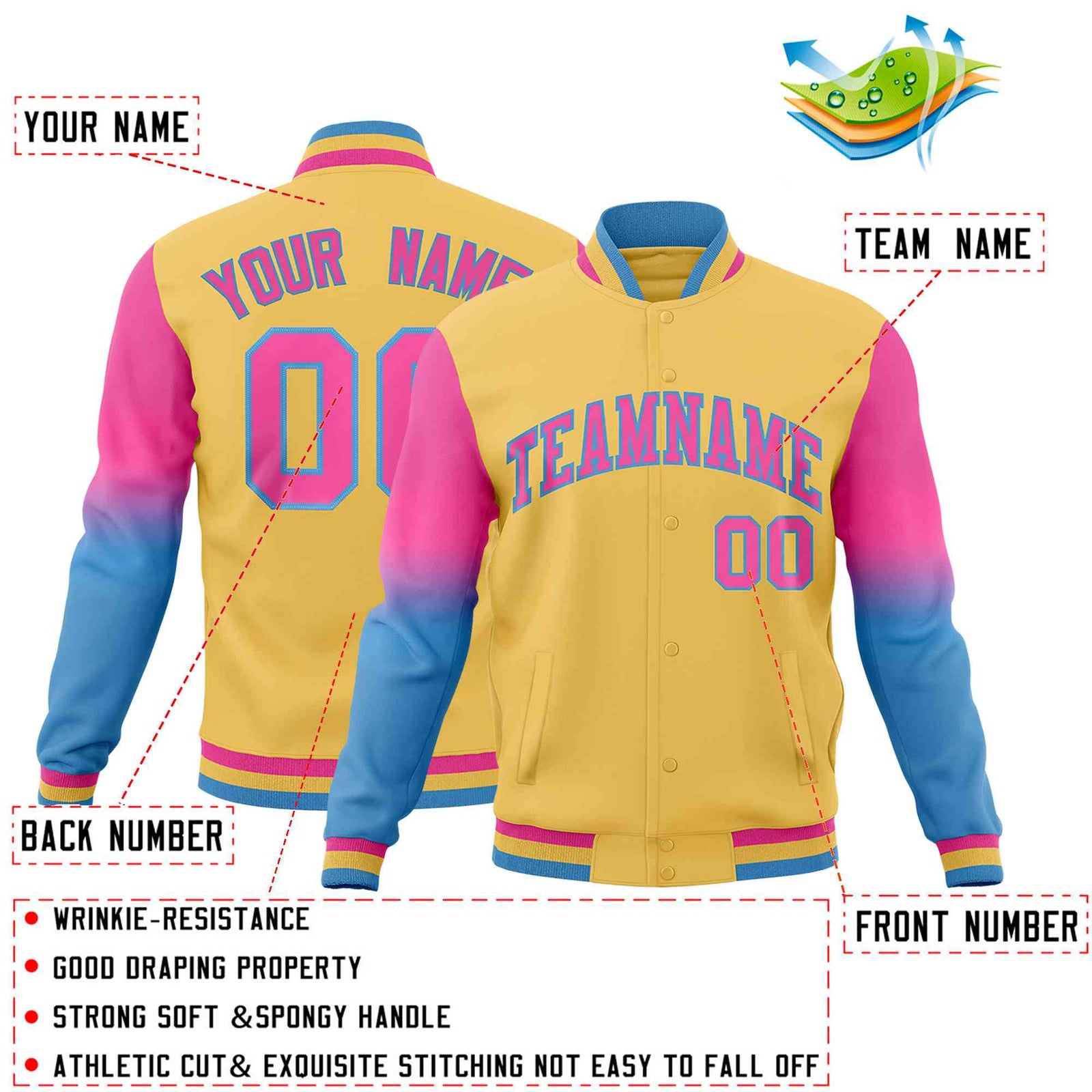 Custom Khaki Pink Light blue Full-Snap Varsity Raglan Sleeves Gradient Letterman Jacket