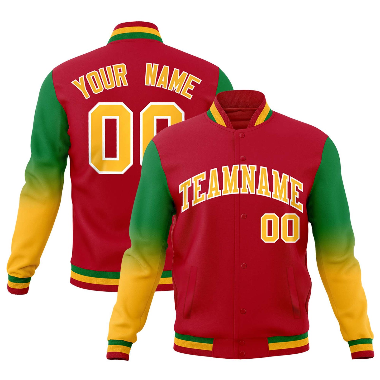 Custom Red Gold White Full-Snap Varsity Raglan Sleeves Gradient Letterman Jacket