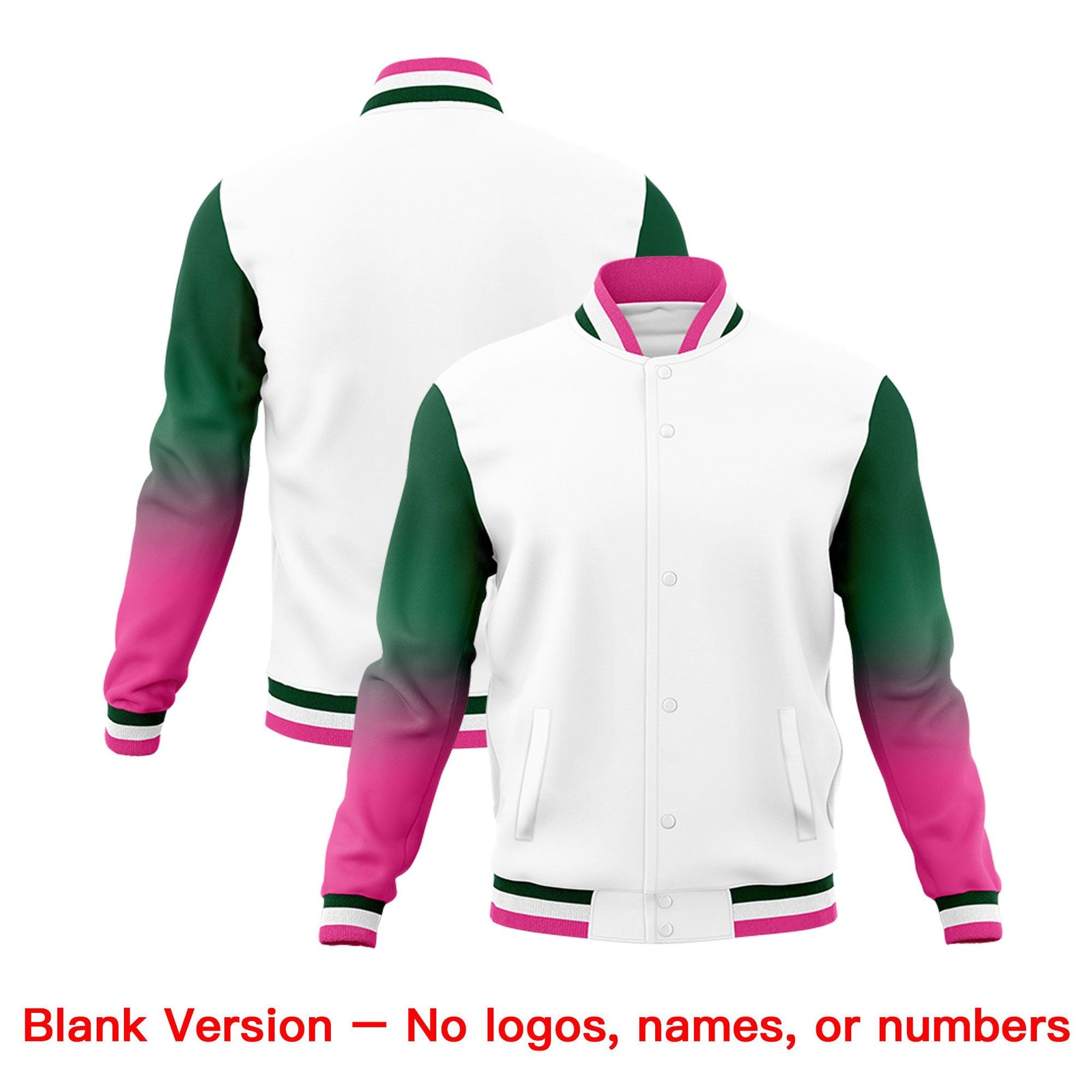 Custom White Green Pink Full-Snap Varsity Raglan Sleeves Gradient Letterman Jacket