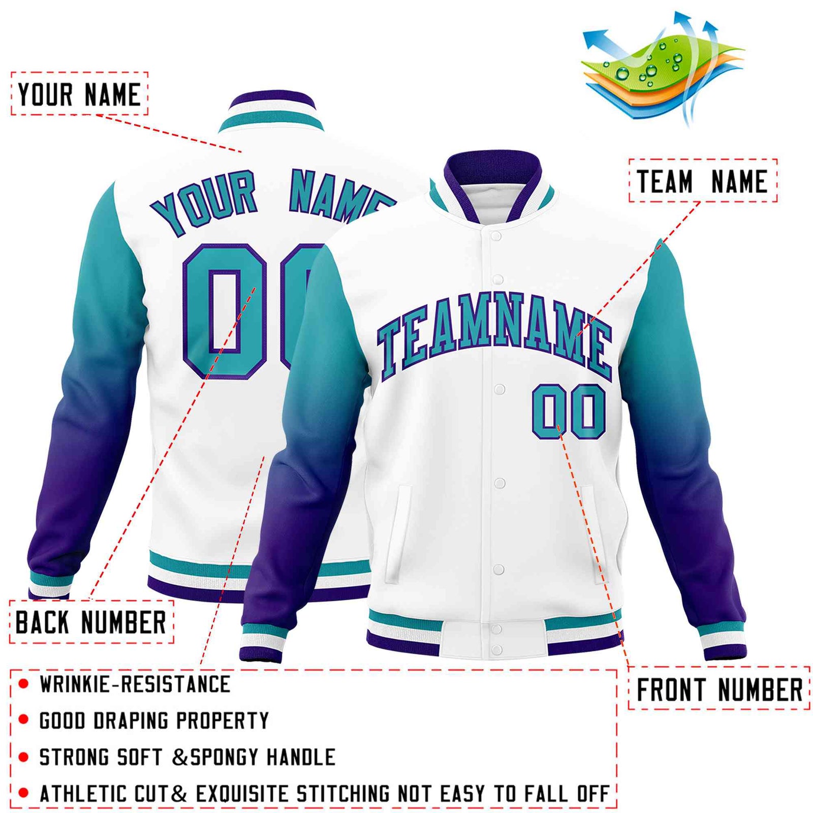Custom White Aqua Purple Full-Snap Varsity Raglan Sleeves Gradient Letterman Jacket
