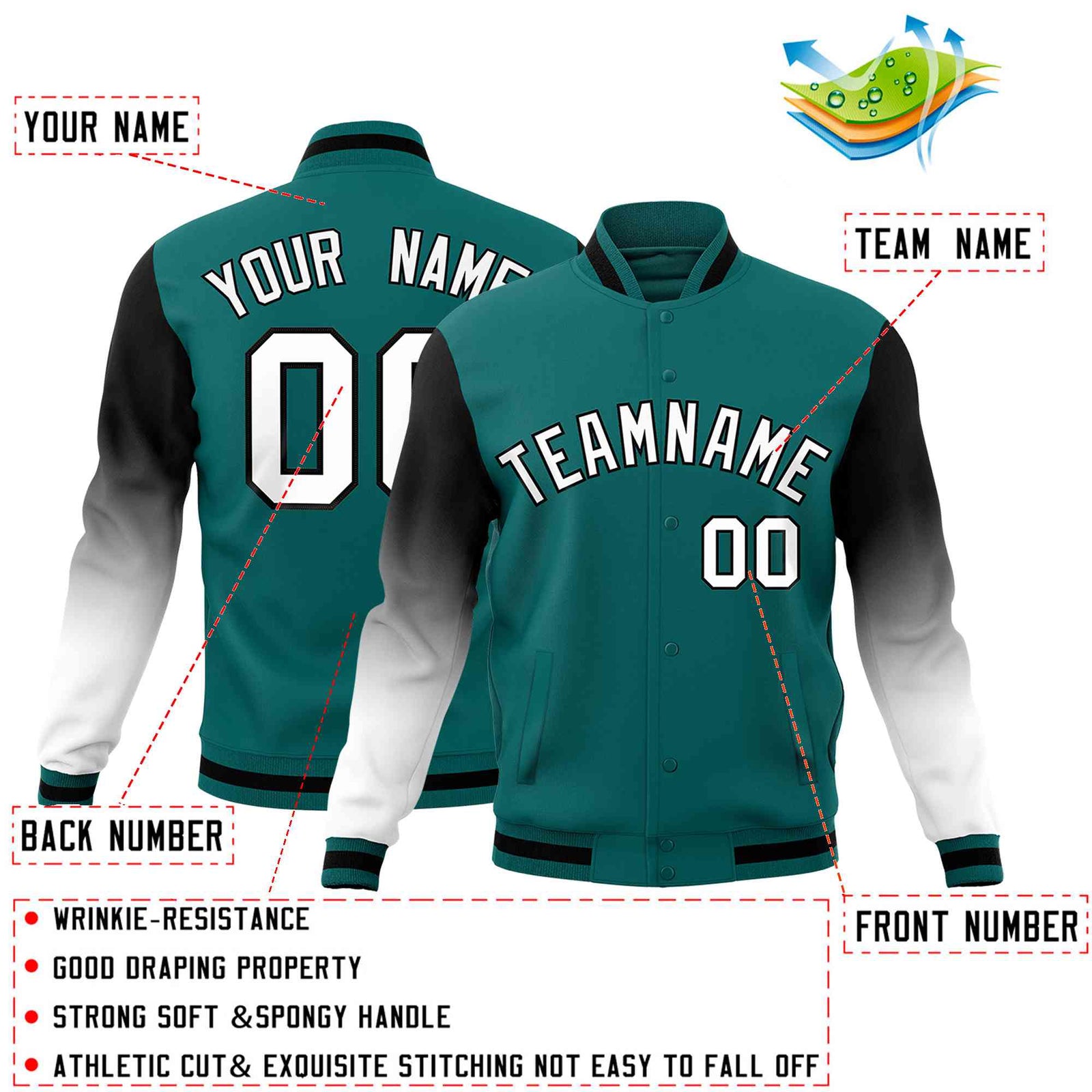 Custom Teal White Black Full-Snap Varsity Raglan Sleeves Gradient Letterman Jacket