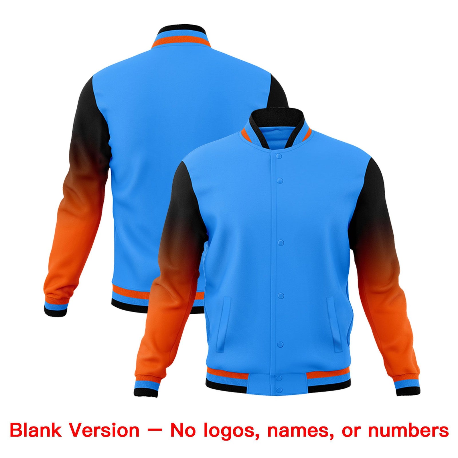 Custom Powder Blue Orange Black Full-Snap Varsity Raglan Sleeves Gradient Letterman Jacket