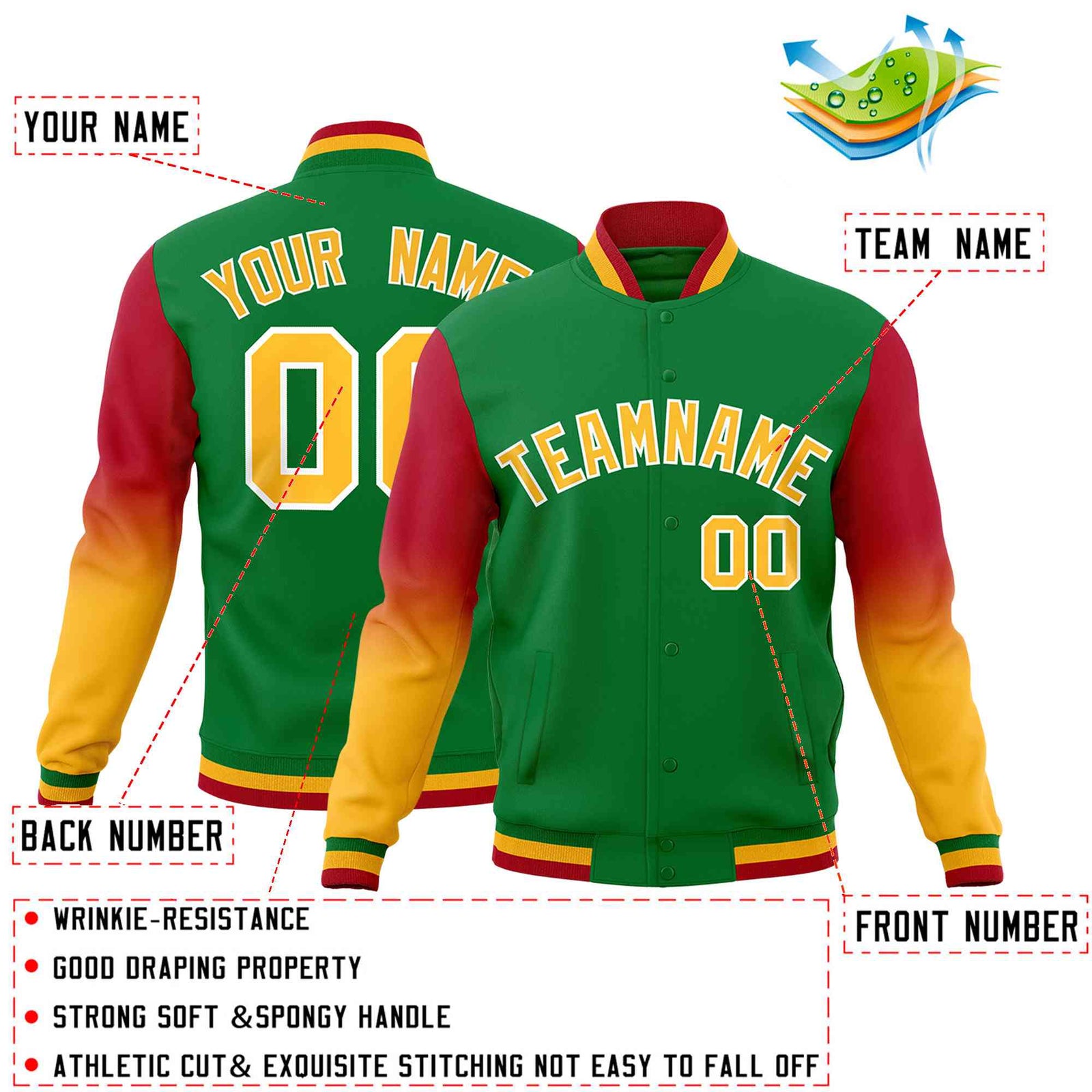 Custom Kelly Green Gold White Full-Snap Varsity Raglan Sleeves Gradient Letterman Jacket