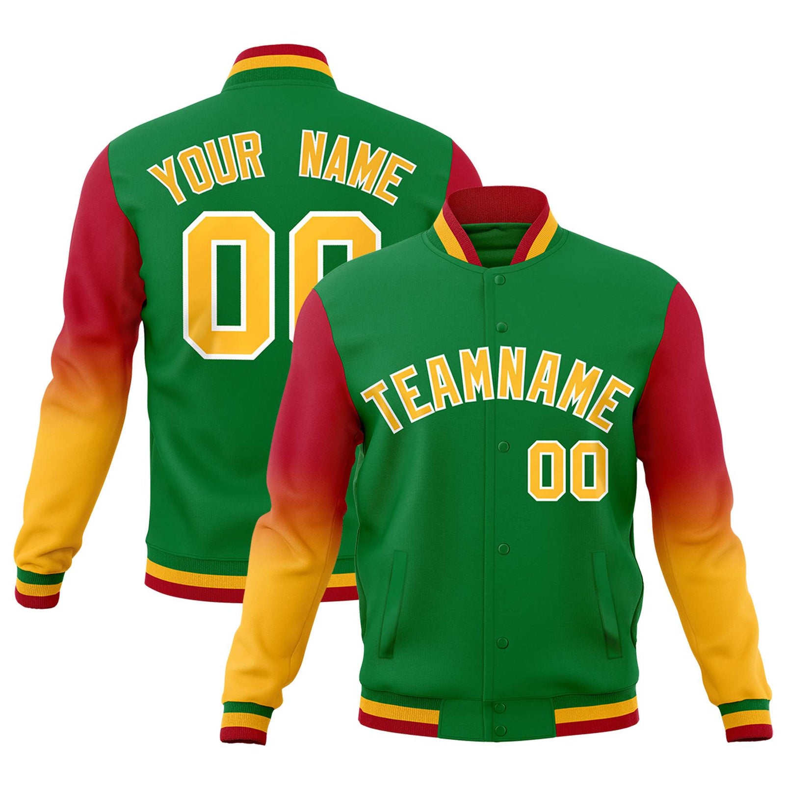 Custom Kelly Green Gold White Full-Snap Varsity Raglan Sleeves Gradient Letterman Jacket
