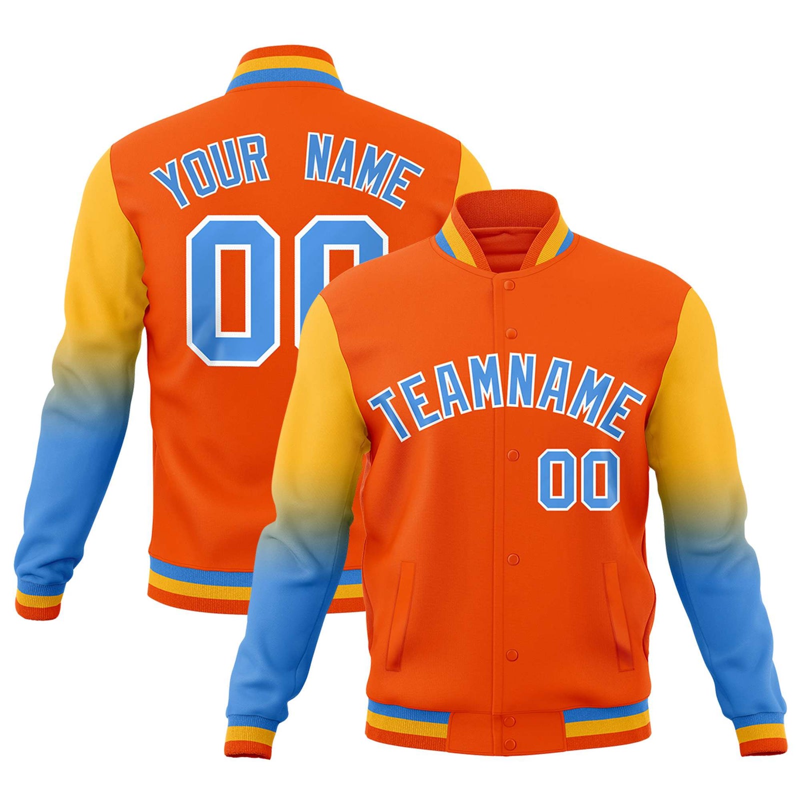 Custom Orange Powder Blue White Full-Snap Varsity Raglan Sleeves Gradient Letterman Jacket