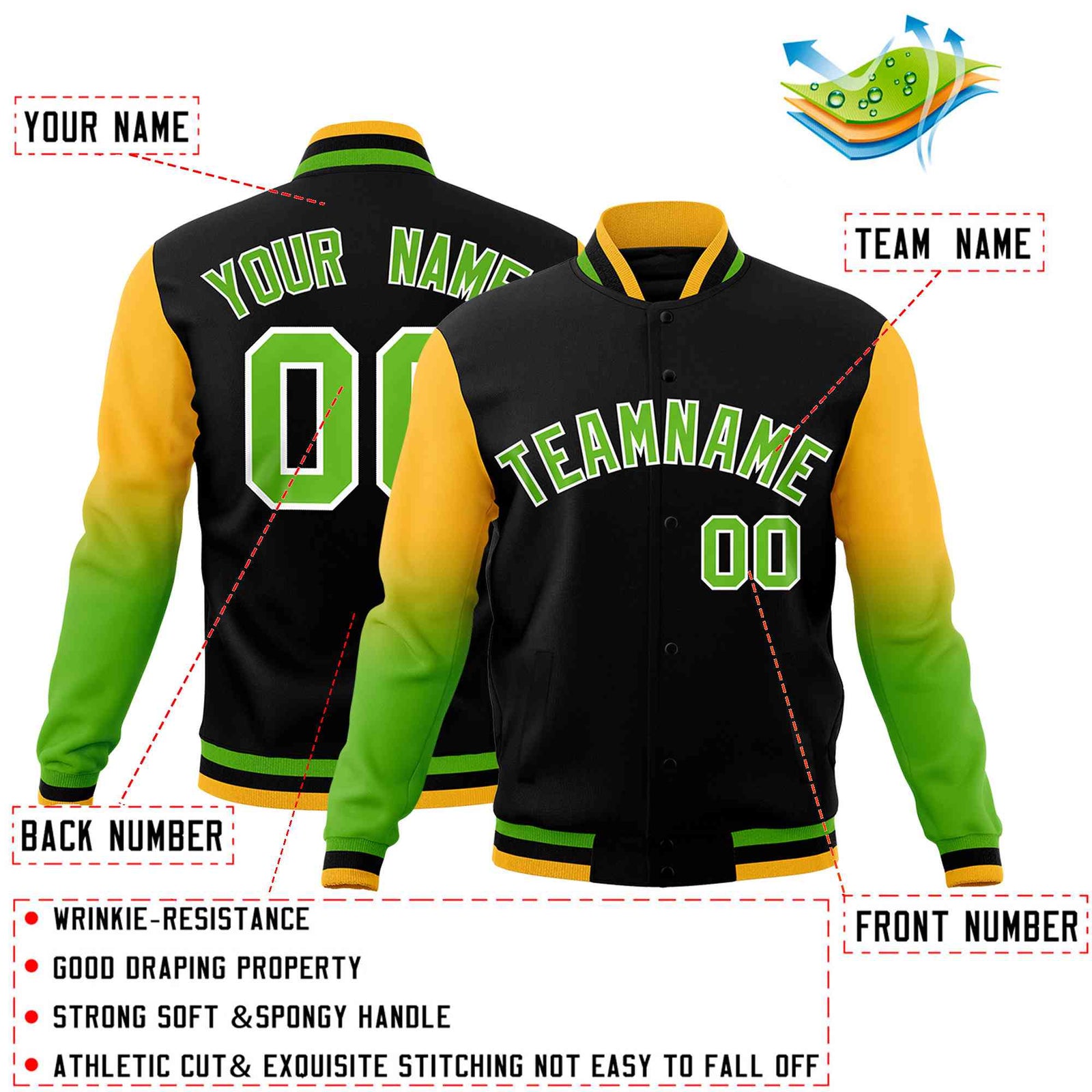 Custom Black Green White Full-Snap Varsity Raglan Sleeves Gradient Letterman Jacket