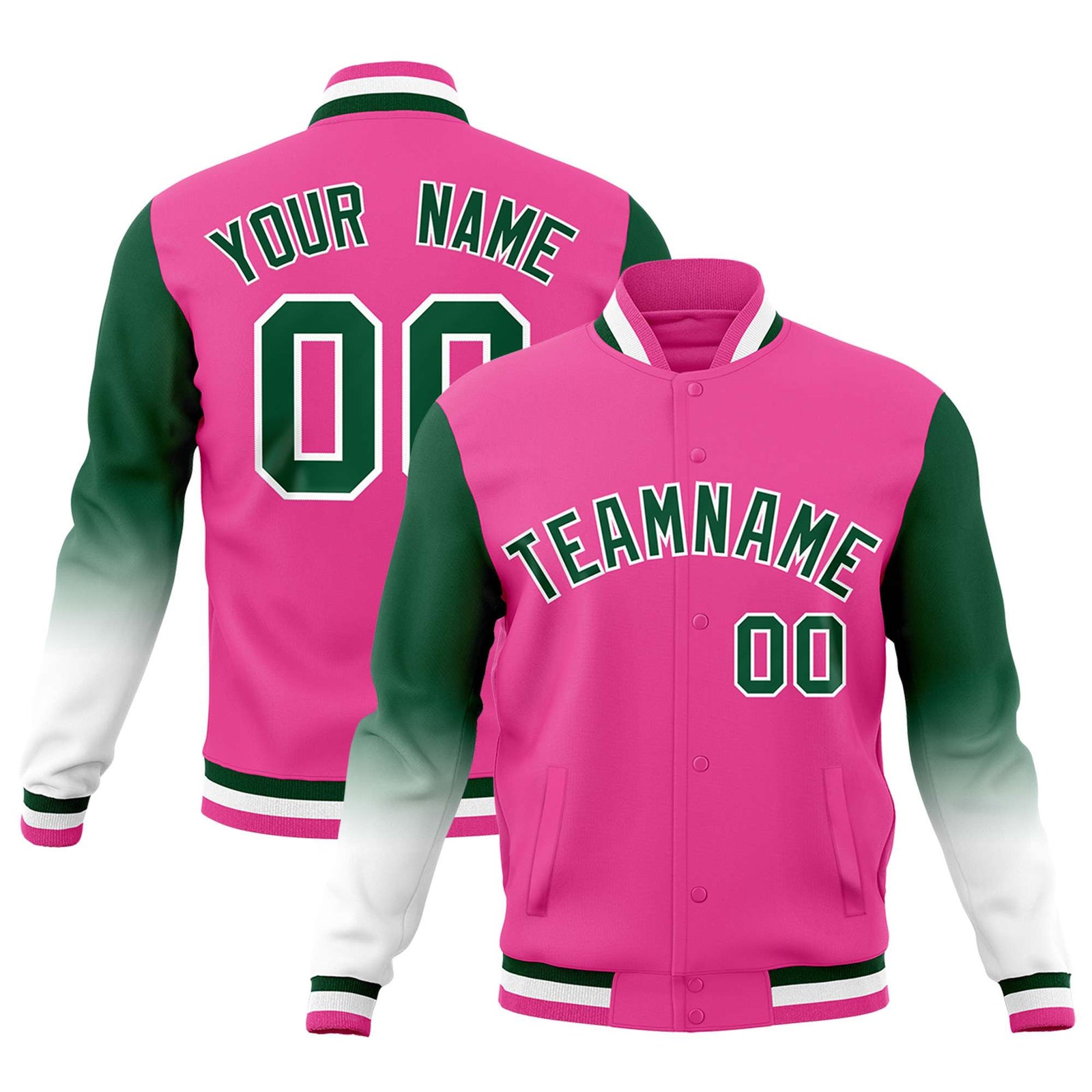 Custom Pink Green White Full-Snap Varsity Raglan Sleeves Gradient Letterman Jacket