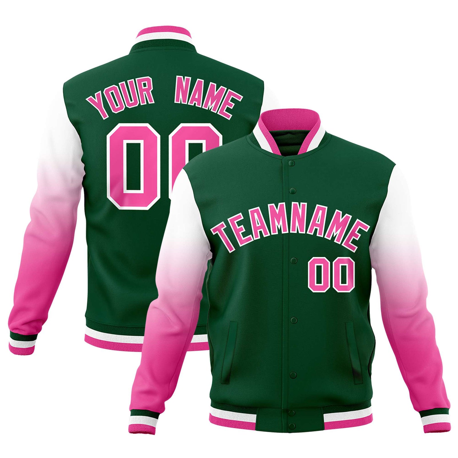 Custom Green Pink White Full-Snap Varsity Raglan Sleeves Gradient Letterman Jacket