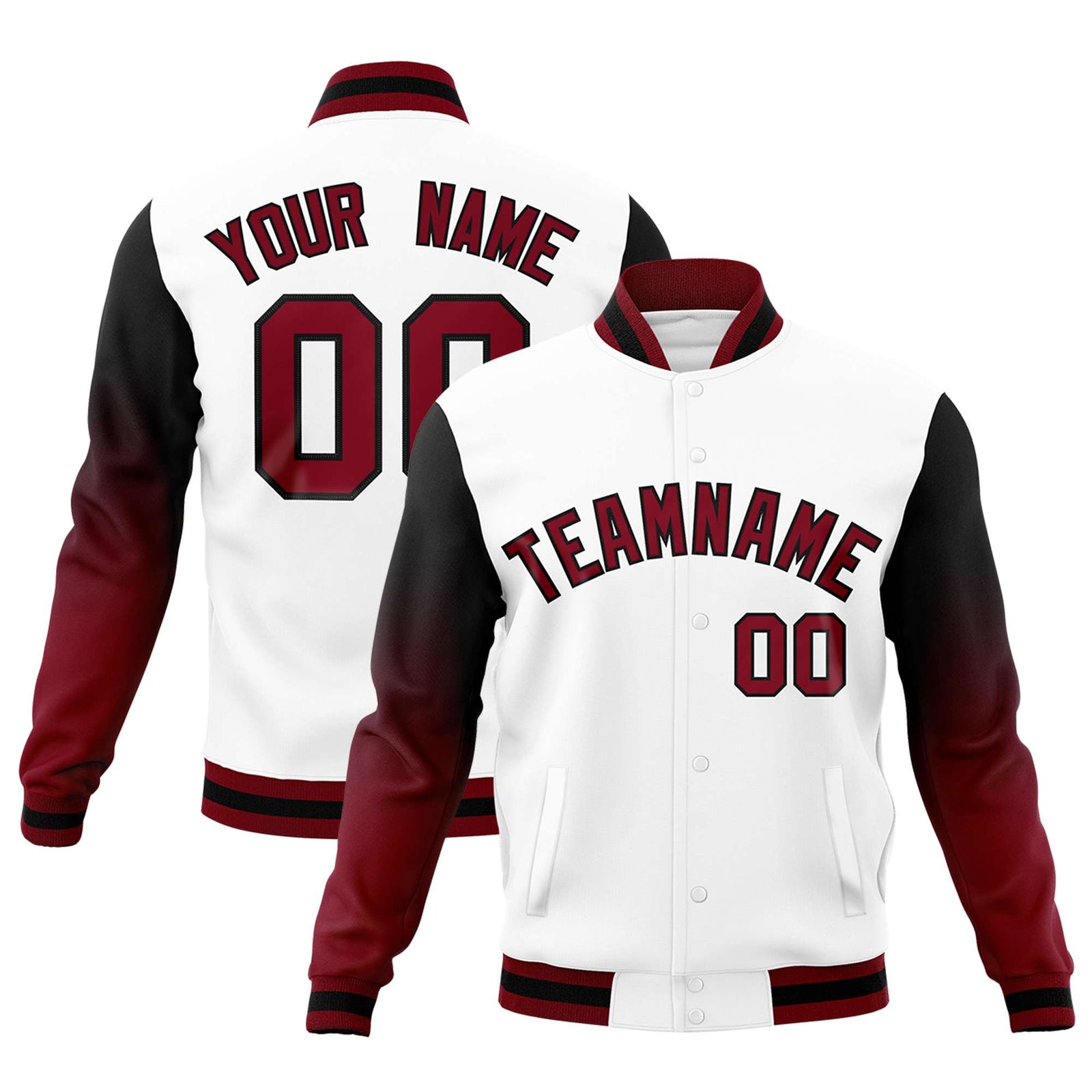 Custom White Crimson Black Full-Snap Varsity Raglan Sleeves Gradient Letterman Jacket